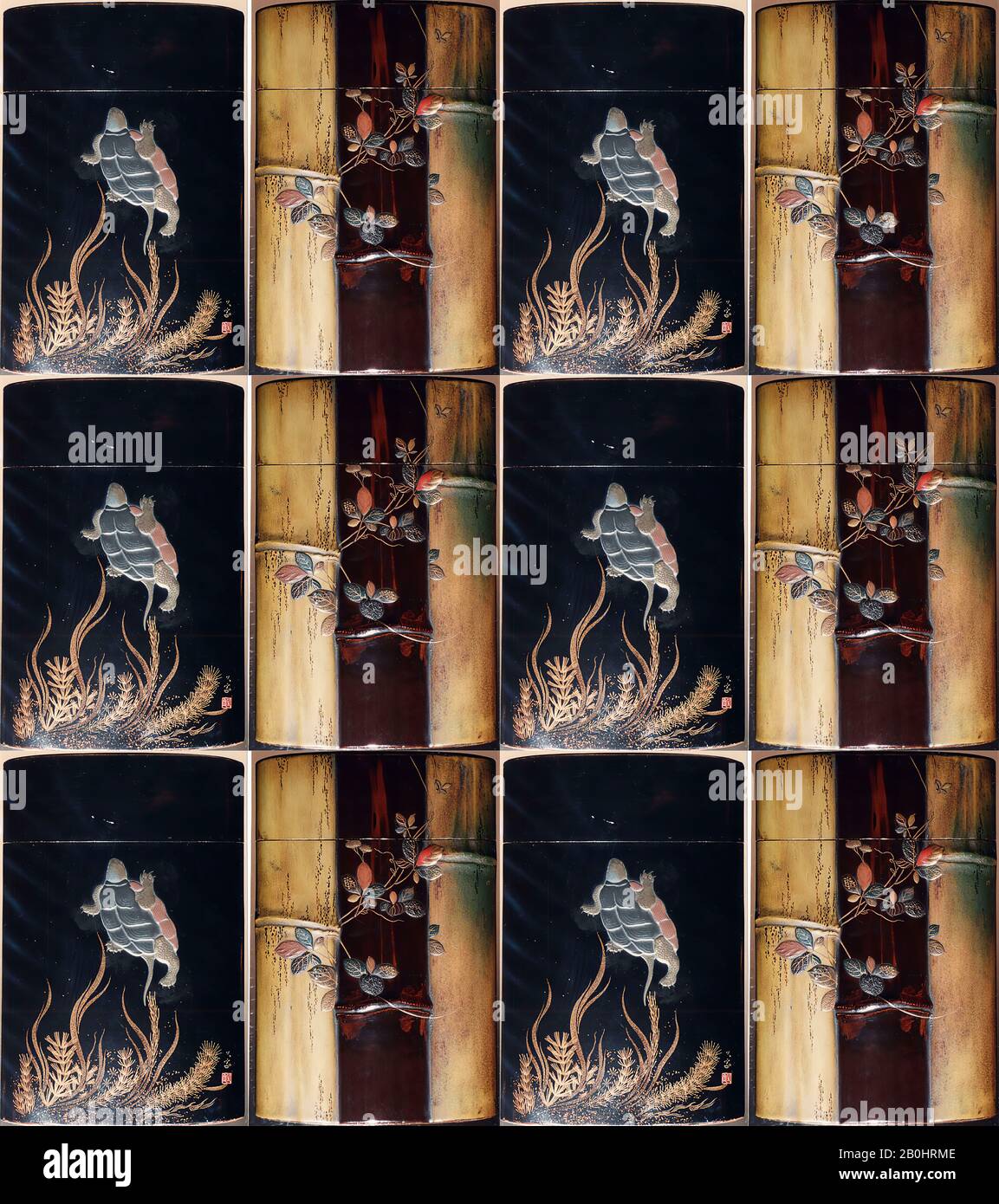 Cas (Inrō) avec la conception de la natation tortue au-dessus de L'Eau Mauvaises Herbes (obverse); tiges de bambou, Vines (inverse), Japon, 19ème–20ème siècle, Japon, bois de Lacquer, roiro, bambou imité, or, argent et hiramakie colorée, kirigane; intérieur: Nashiji et fundame, 4 1/16 x 2 5/8 x 9/16 po. (10,3 x 6,7 x 1,5 cm), Inrō Banque D'Images