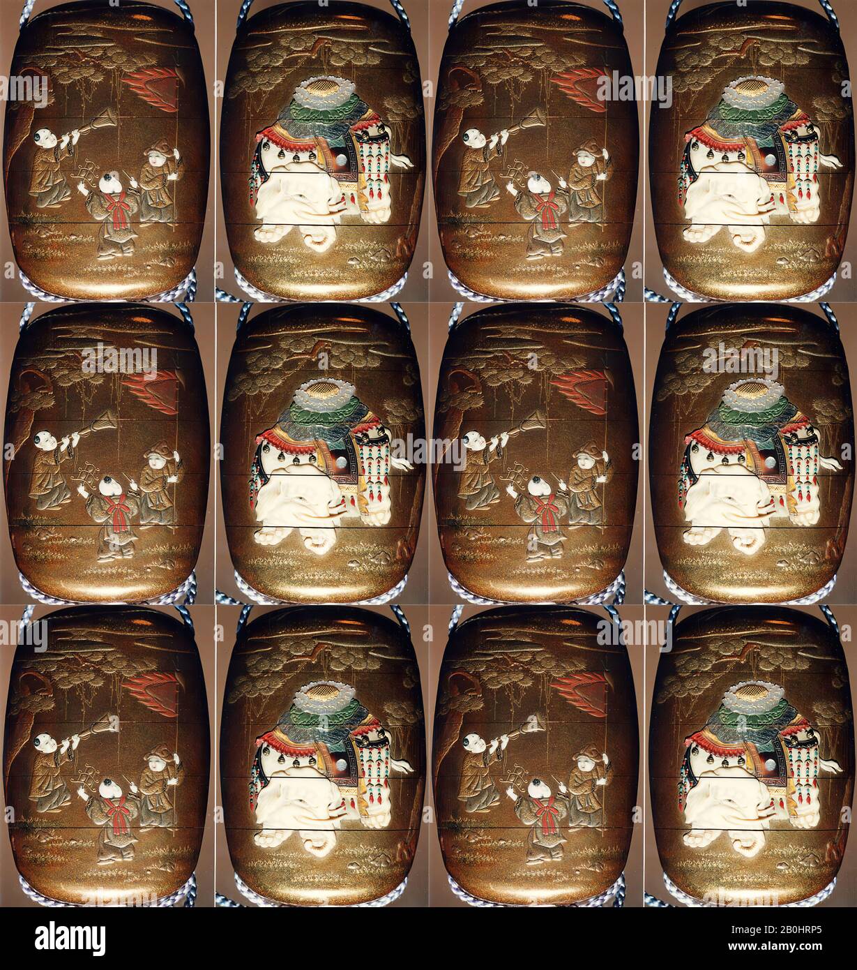 Cas (Inrō) avec conception d'éléphant caporisé debout sous le pin (obverse); Trois enfants avec Trumpet, Cymbales et bannière (inverse), Japon, période Edo (1615–1868), date 19ème siècle, Japon, Lacquer, kinji, or, rouge, noir et brun hiramakie, divers inlay; intérieur: 5/16 x 5/16 (8,4 x 5,8 x 2,1 cm), Inrō Banque D'Images