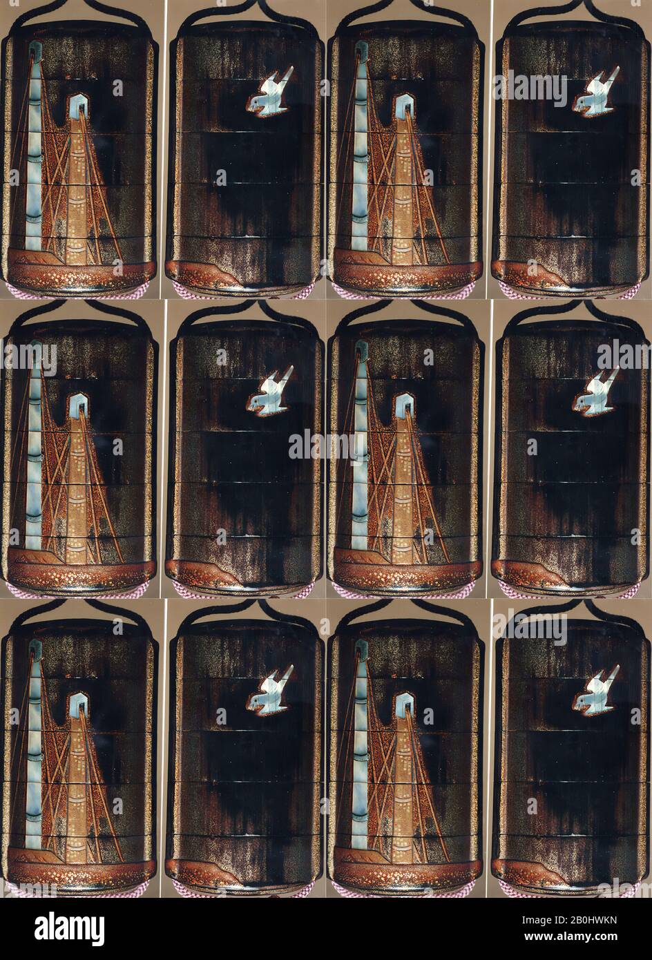 Case (Inrō) avec conception De Mâts de bateaux à voile (obverse); Bird en vol (inverse), Japon, XVIIIe siècle, Japon, Lacquer, roiro, nashiji, or hiramakie, kirigane, raden inlay; intérieur: Nashiji et fundame, 3 x 1 3/4 x 1 1/16 in. (7,6 x 4,4 x 2,7 cm), Inrō Banque D'Images