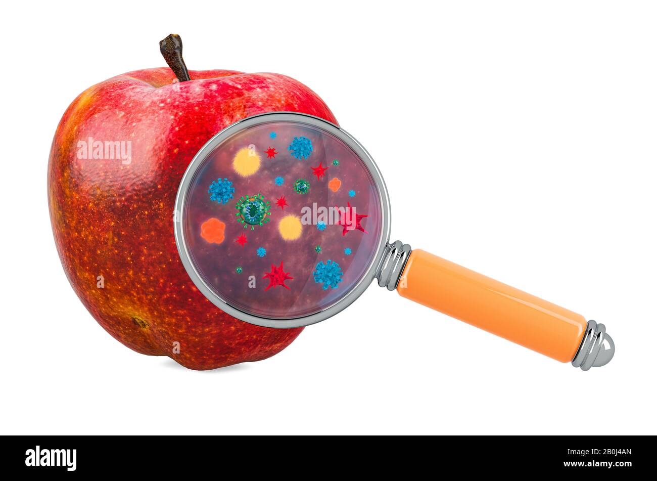 Apple avec germes, microbes ou virus sous loupe, rendu tridimensionnel isolé sur fond blanc Banque D'Images