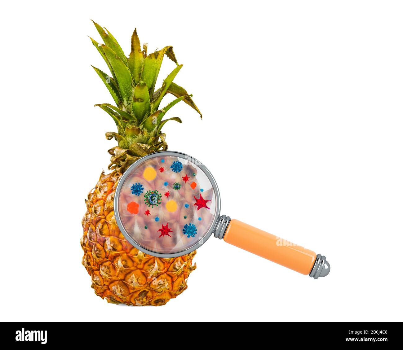 Ananas aux germes, microbes ou virus sous loupe, rendu tridimensionnel isolé sur fond blanc Banque D'Images