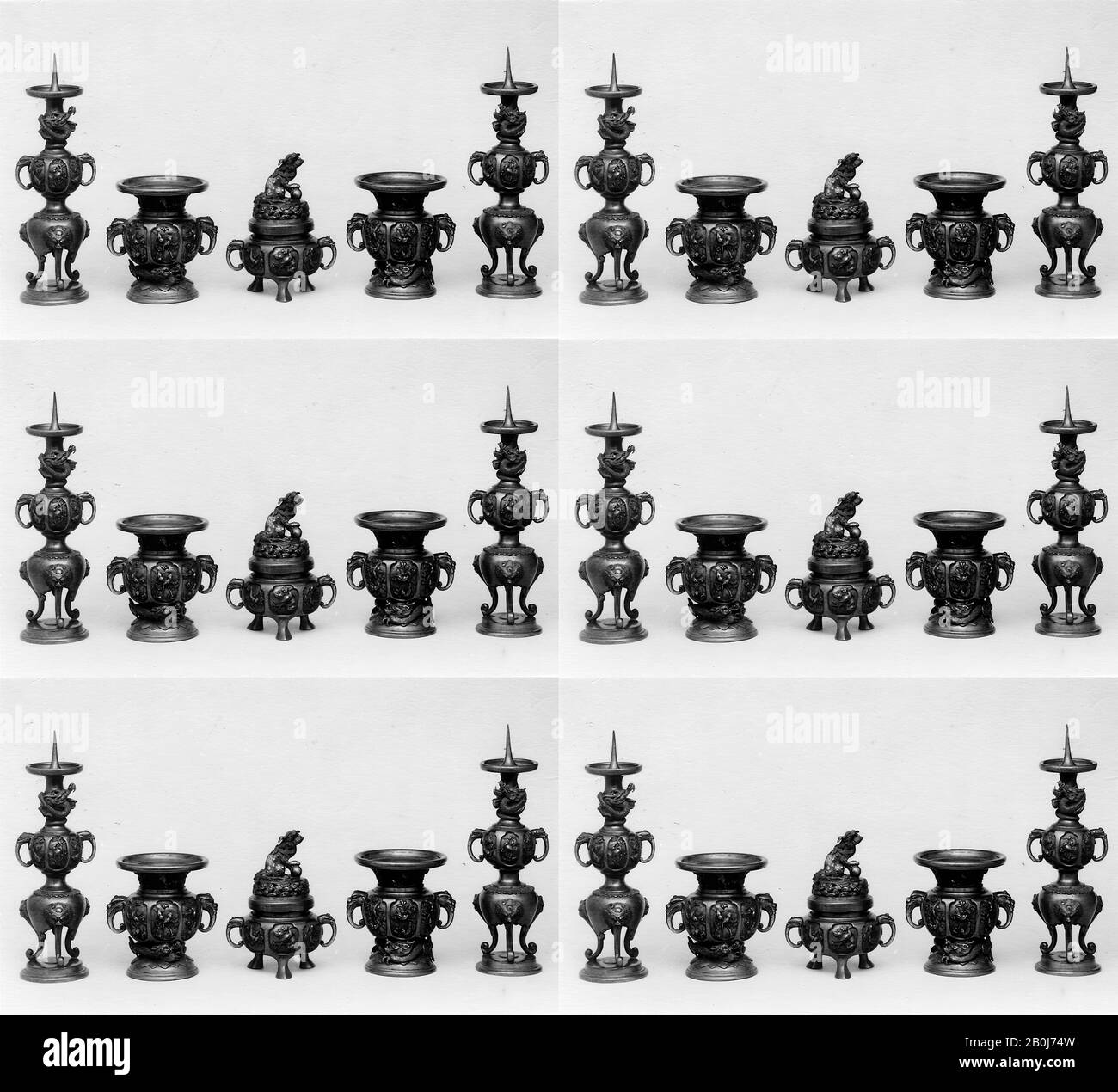 Trois Instruments Votive : brûleur d'encens, chandelier et vase, Japon, période Meiji (1868–1912), date du XIXe siècle, Japon, Bronze, b: H. 11 5/16 (28,7 cm); W. (poignées) 3 3/4 po. (9,5 cm), c : H. 11 3/8 po. (28,9 cm); W. (à poignées) 3 13/16 po. (9,7 cm), d : H. 5 3/8 po. (13,6 cm) ; W. (sur les poignées) (13,2 cm), e : H. 5 5/16 po. (13,5 cm) ; avec 5 1/8 po. (13,1 cm), f : H. 6 9/16 po. (16,7 cm); W. (sur les poignées) 5 1/4 po. (13,3 cm), Métal Banque D'Images