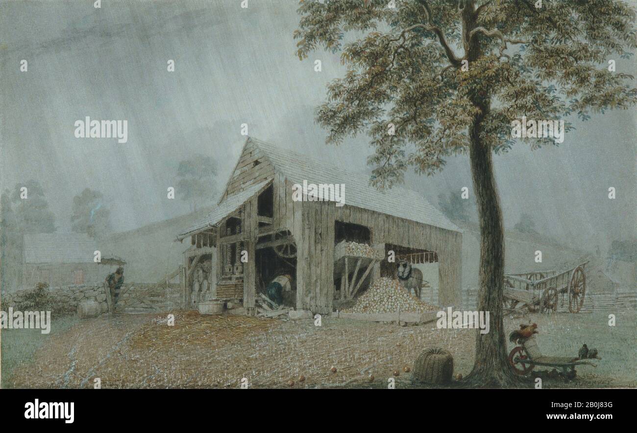 George Harvey, Rainstorm—Cider Mill À Redding, Connecticut, Américain, George Harvey (1800–1878), Ca. 1840, américain, aquarelle et gouache sur papier vélin blanc, 8 3/8 x 13 5/8 in. (21,3 x 34,6 cm), mises en plan Banque D'Images