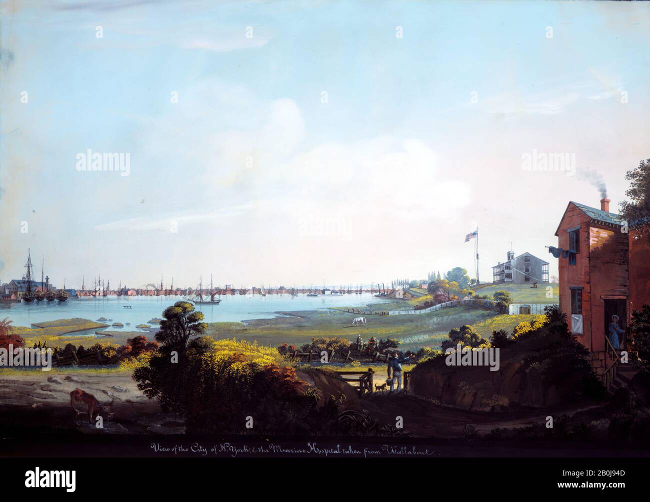 Nicolino Calio, vue de la ville de New York et de l'hôpital marin Pris de Wallaabout, américain, Nicolino Calio (américain (né en Italie), Naples 1799–1884 New York), américain, Gouache sur le papier blanc cassé, 17 15/16 x 26 1/16 in. (45,6 x 66,2 cm), mises en plan Banque D'Images