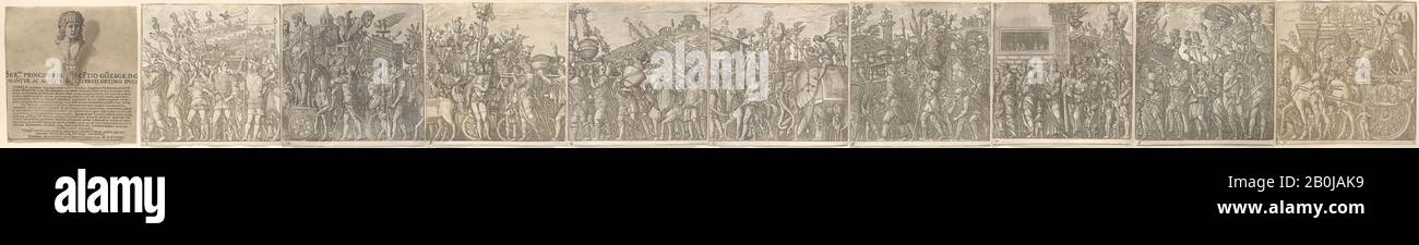 Andrea Andreani, Le Triumph De Julius Caesar, Andrea Andreani (Italien, Mantoua, 1558/1559–1629), Dessinatrice Intermédiaire Bernardo Malpizzi (Italien, Ca. 1553–1623), Après Andrea Mantegna (italienne, Isola di Carturo 1430/31–1506 Mantua), 1599, Chiaroscuro coupe boisée comprenant 10 feuilles (9 images et 1 titre) de tirages légèrement différents de trois et quatre blocs en noir (bloc clé) et nuances de brun clair à gris, encadrée: 7/16 in. × 13 pi 11 5/16 po. (85 × 425 cm), feuille : × 12 pi 5 5/8 in. (36 × 380 cm), tirages Banque D'Images Andrea Andreani, Le Triumph De Julius Caesar, Andrea Andreani (Italien, Mantoua, 1558/1559–1629), Dessinatrice Intermédiaire Bernardo Malpizzi (Italien, Ca. 1553–1623), Après Andrea Mantegna (italienne, Isola di Carturo 1430/31–1506 Mantua), 1599, Chiaroscuro coupe boisée comprenant 10 feuilles (9 images et 1 titre) de tirages légèrement différents de trois et quatre blocs en noir (bloc clé) et nuances de brun clair à gris, encadrée: 7/16 in. × 13 pi 11 5/16 po. (85 × 425 cm), feuille : × 12 pi 5 5/8 in. (36 × 380 cm), tirages Banque D'Images