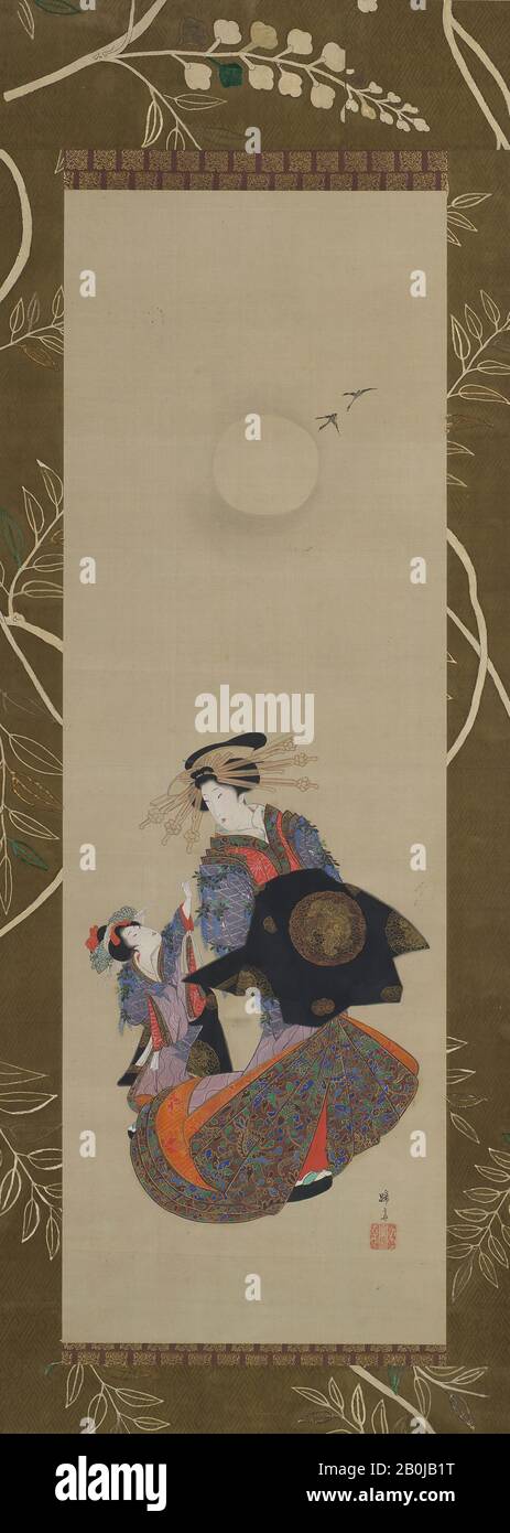Teisai Hokuba, Beauté de la Yoshiwara avec apprenti dans Moonlight, Japon, période Edo (1615–1868), Teisai Hokuba (japonais, 1771–1844), XIXe siècle, Japon, défilement suspendu; encre, couleur, or sur soie, image: 37 × 12 po. (94,6 × 31,4 cm), Hors Tout avec montage : 69 1/2 × 16 7/8 po. (176,5 × 42,9 cm), Hors Tout avec boutons : 69 1/2 × 19 po. (176,5 × 48,3 cm), Peintures Banque D'Images