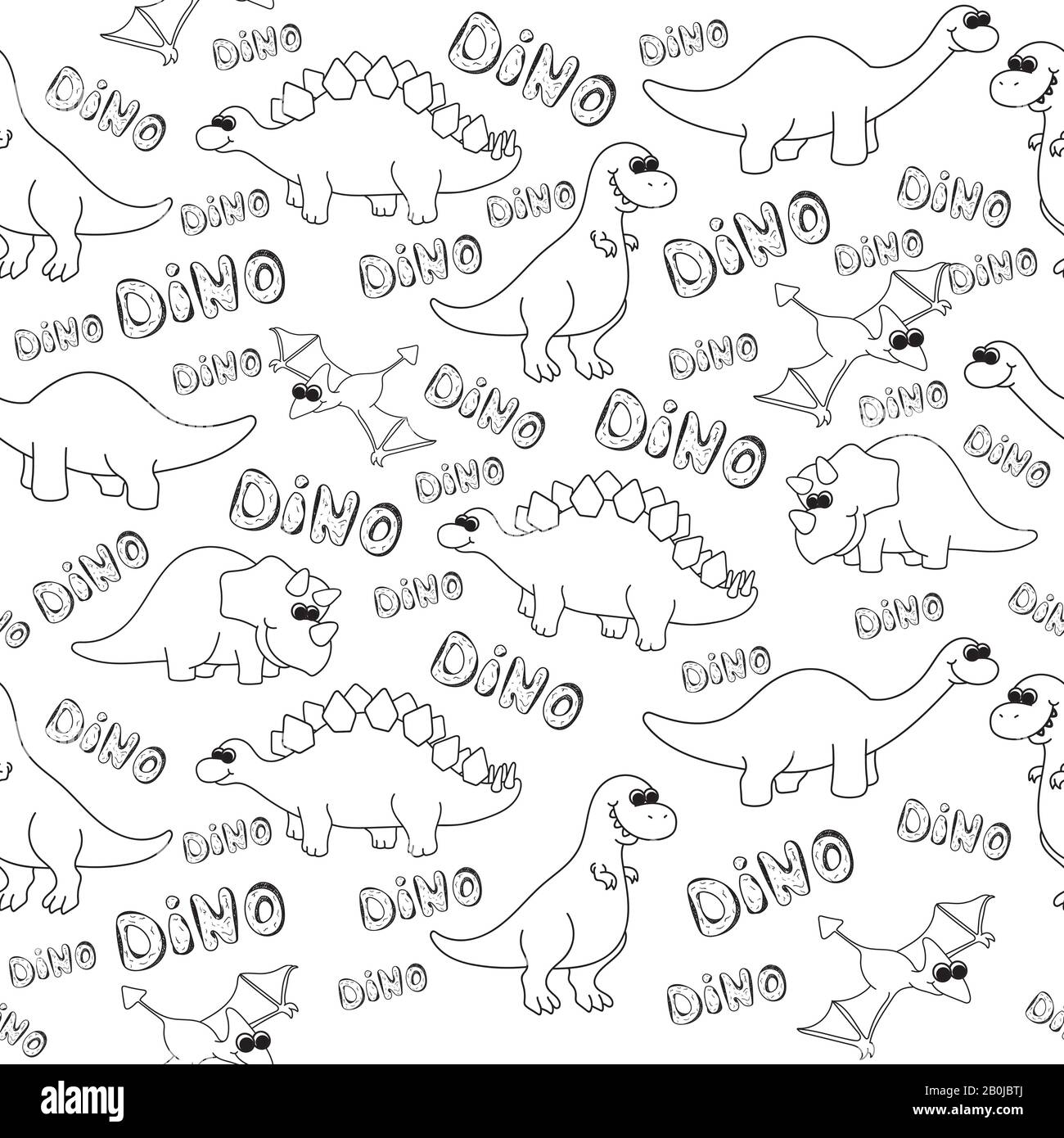 Dinosaures. Motif sans couture avec l'inscription Dino. Illustration vectorielle dans le style des gribouillis. Tiré à la main. Linéaire. Noir et blanc Illustration de Vecteur