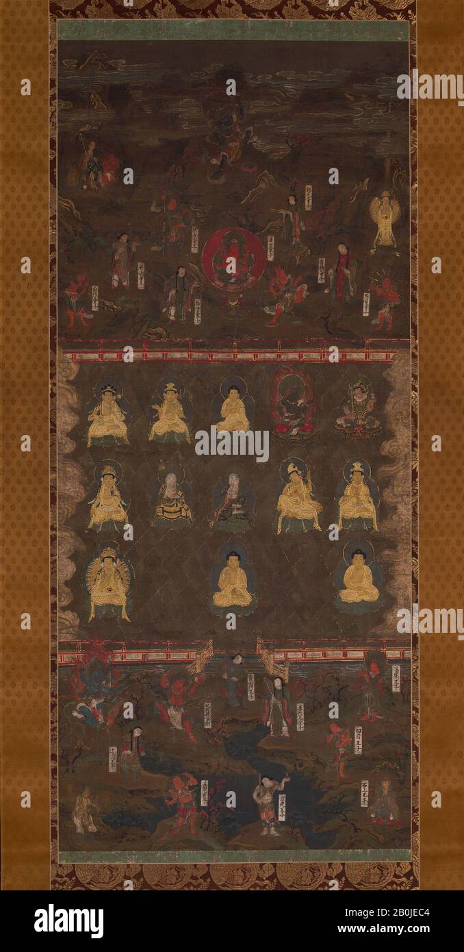 Artiste non identifié, Kumano Shrine Mandala, Japon, Nanbokuchō période (1336–92), artiste non identifié, début du XIVe siècle, Japon, rouleau suspendu; encre, couleur, or sur soie, image: 51 15/16 x 22 13/16 po. (131,9 x 57,9 cm), Hors Tout avec montage : 86 5/8 x 29 15/16 po. (220 x 76 cm), Hors Tout avec boutons : 86 5/8 x 32 po. (220 x 81,3 cm), Peintures Banque D'Images