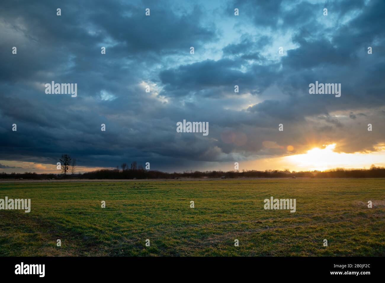 La lueur du soleil sortant de derrière un nuage sombre au-dessus d'une prairie verte Banque D'Images