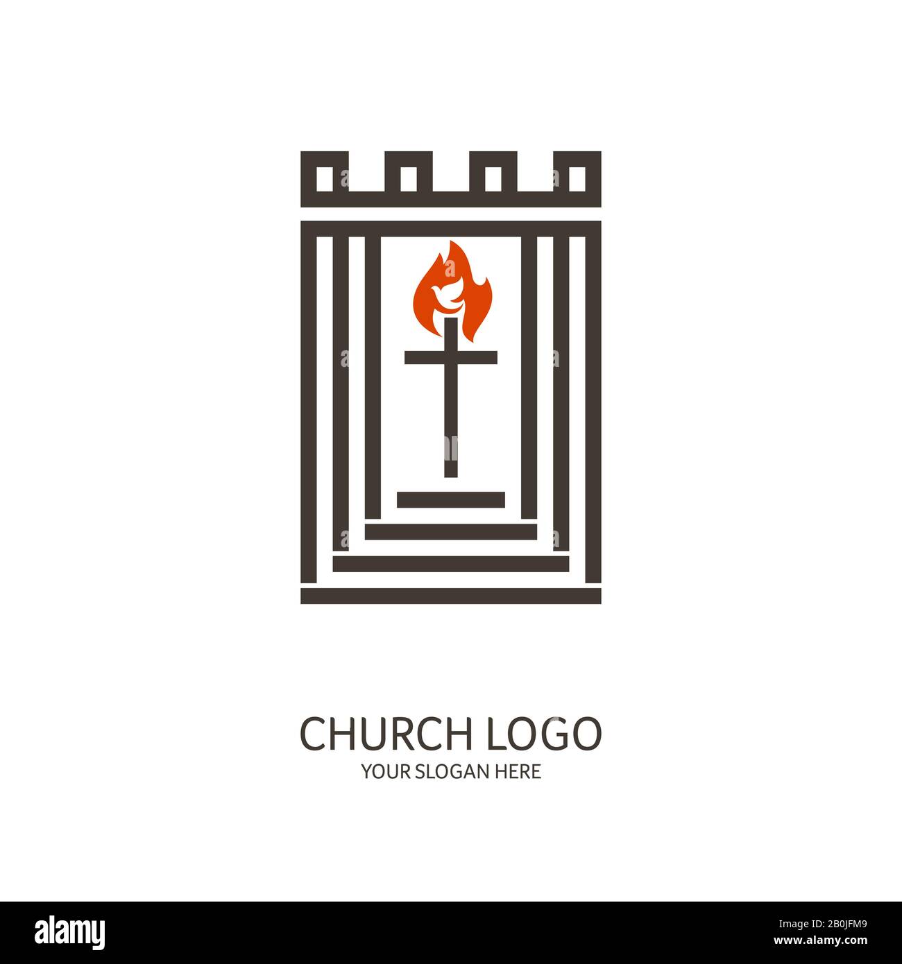 Logo de l'Église. Symboles chrétiens. La croix du Seigneur et Sauveur Jésus-Christ, la flamme du Saint-Esprit et la colombe. Illustration de Vecteur