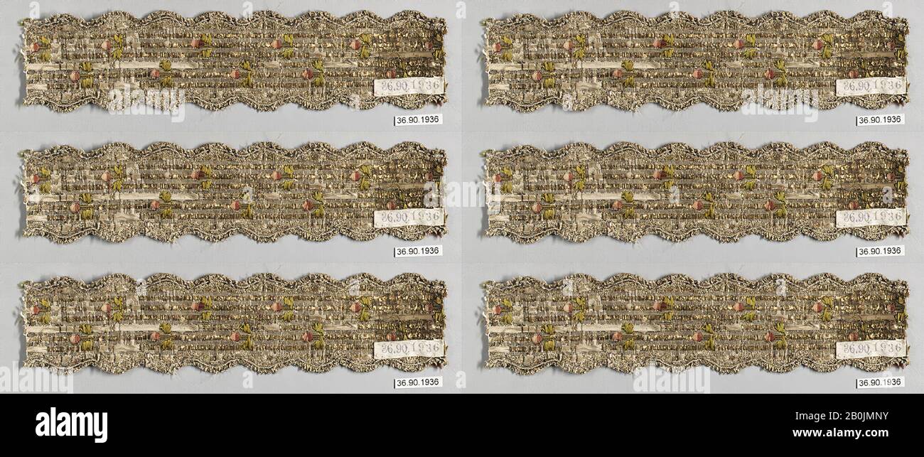 Gallavons, français, XVIIIe siècle, français, soie et fils métalliques, L. 9 x W. 2 pouces, 22,9 x 5,1 cm, textiles-finitions Banque D'Images