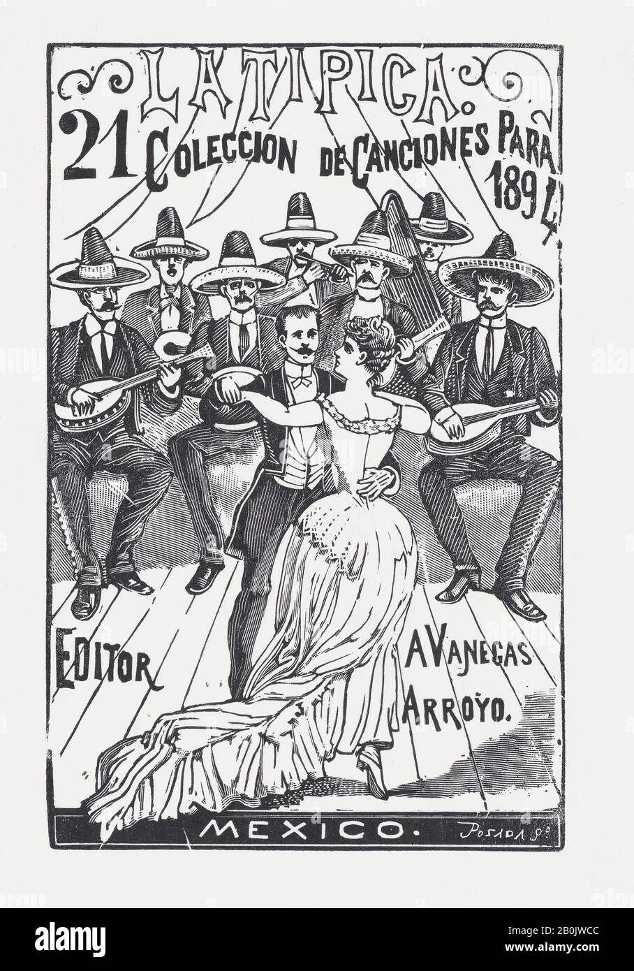 José Guadalupe Posada, un couple dansant pendant qu'un groupe joue de la musique en arrière-plan, illustration pour 'la Tipica', publié par Antonio Vanegas Arroyo, José Guadalupe Posada (mexicain, 1851–1913), 1894, gravure de bois, image: 5 1/8 × 3 1/4 in. (13 × 8,3 cm), tirages Banque D'Images