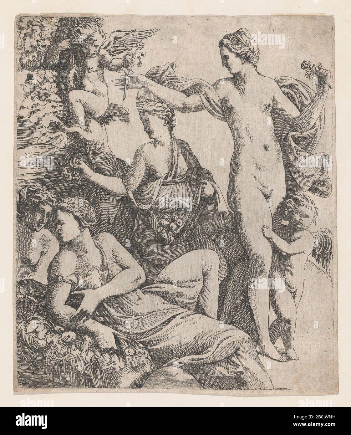 Pierre Biard II, Vénus, debout avec les trois grâces, est offert une fleur d'un puto, Pierre Biard II (français, Paris 1592–1661 Paris), 1607–61, Gravure, feuille (taillée): 7 13/16 × 6 11/16 in. (19,8 × 17 cm), tirages Banque D'Images