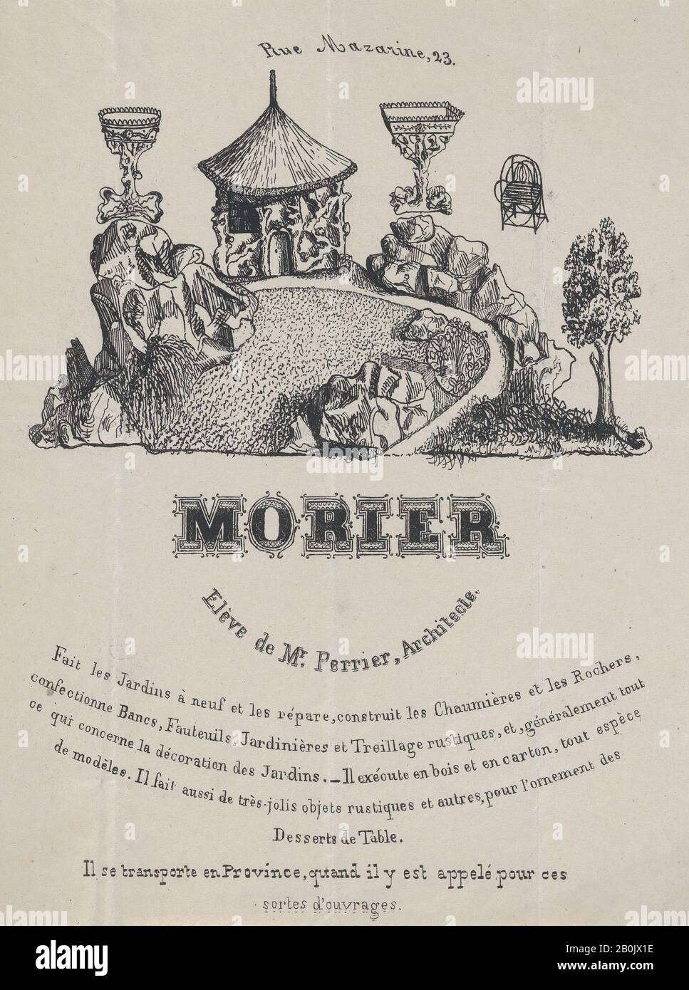 Morier, carte de visite pour Morier, architecte paysagiste, Paris, XIXe siècle, Lithographe, feuille : 7 1/4 × 5 1/2 po. (18,4 × 14 cm Banque D'Images