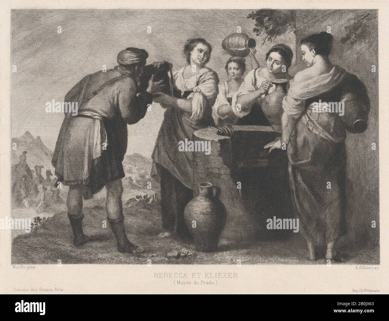 Achille-Isidore Gilbert, Rebecca Et Eliezer Au Puits, Achille-Isidore Gilbert (Français, Paris 1828–1899 Paris), Après Bartolomé Estebán Murillo (Espagnol, Séville 1617–1682 Séville), Ca. 1880–1899, gravure, feuille : 7 1/16 × 10 13/16 po. (18 × 27,5 cm), tirages Banque D'Images