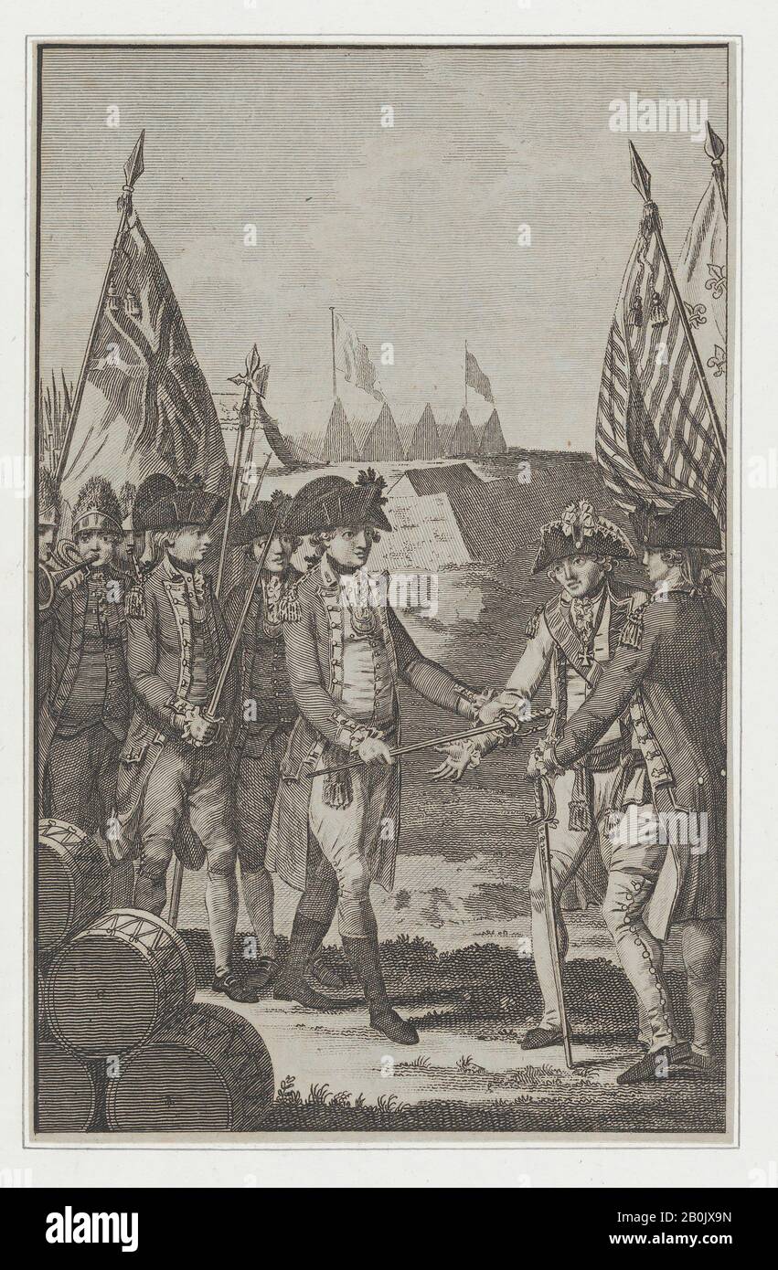 Thornton, la remise du comte Cornwallis (lieutenant-général de l'armée britannique en Amérique du Nord) au général Washington et comte de Rochambeau, le 19 octobre. 1781, Thornton (britannique, XVIIIe siècle), Après Hamilton (britannique, XVIIIe siècle), après 1781, Gravure, feuille (taillée et incrusté) : 6 15/16 x 4 7/16 po. (17,7 x 11,2 cm), tirages Banque D'Images