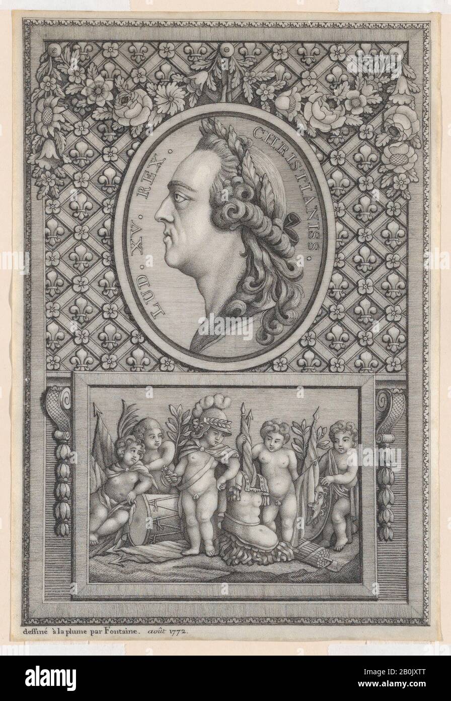 Fontaine, médaillon de portrait du roi Louis XV dans un cadre décoratif avec un relief, Fontaine (française, active 1772), 1772, encre noire et stylo, partiellement sur la craie noire, sur vélin, 7 5/8 × 5 3/16 po. (19,3 × 13,1 cm Banque D'Images