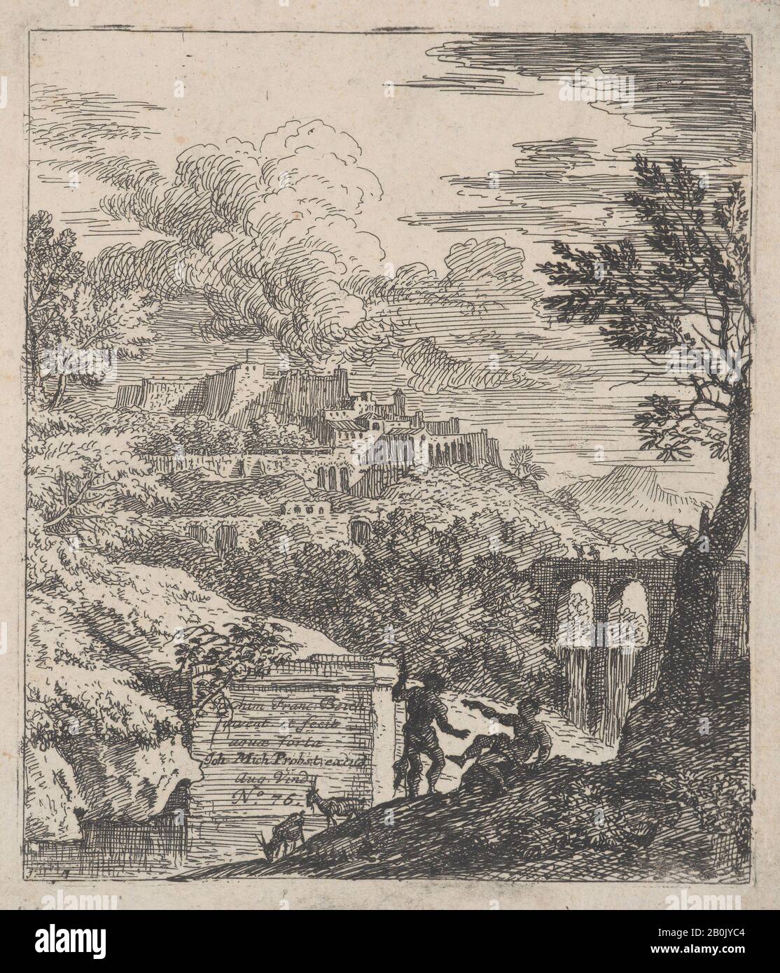 Franz Joachim Beich, Deux bergers se reposant à côté d'un piédestal, un aqueduc à droite en arrière-plan, Et une ville sur une colline à gauche en arrière-plan, de 'paysages à la manière de Gaspar Dughet', 'paysages à la manière de Gaspar Dughet', Franz Joachim Beich (allemand, Ravensburg 1665–1745 Munich), CA. 1700–25, gravure; quatrième état de quatre, plaque: 6 15/16 × 6 po. (17,7 × 15,2 cm), feuille : 7 13/16 × 6 5/8 po. (19,8 × 16,9 cm), tirages Banque D'Images