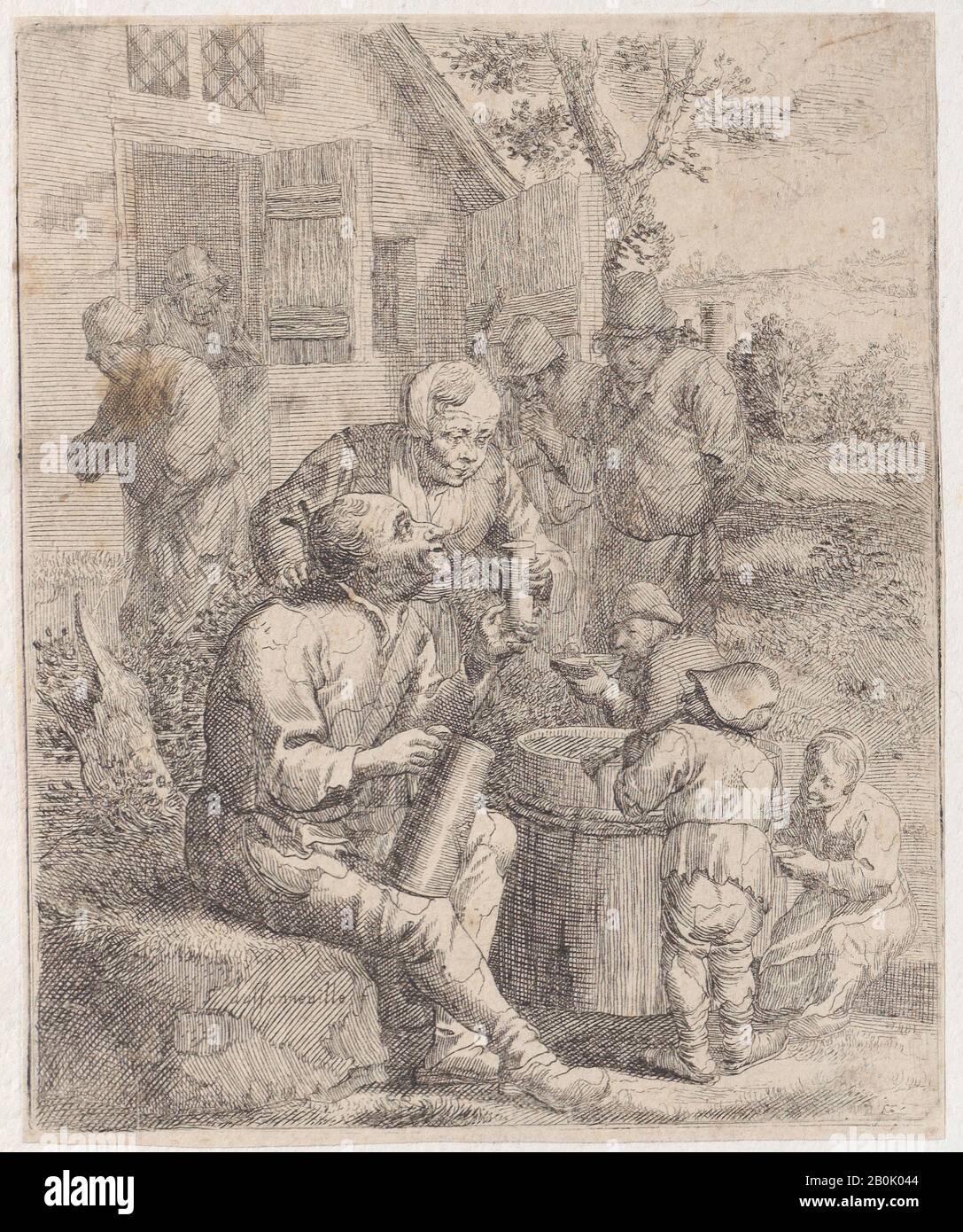 Jacques Dassonville, Neuf paysans à l'extérieur d'une maison rustique, avec un homme assis tenant une pinte et donnant un verre à une femme au premier plan, Jacques Dassonville (français, CA. 1619–ca. 1670), env. 1640–70, Décapage, Feuille (Taillée) : 5 3/8 × 4 3/8 Po. (13,6 × 11,1 cm), tirages Banque D'Images