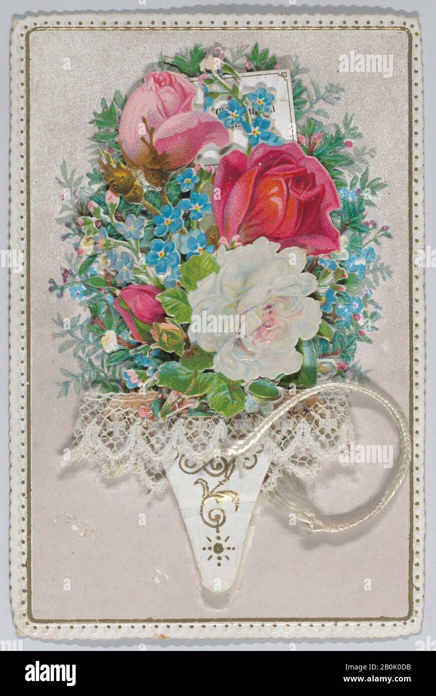 Anonyme, britannique, XIXe siècle, Saint-Valentin - célébration de la fête du nom - bouquet avec pampille, anonyme, britannique, XIXe siècle, 1885, Bristol épais, morceaux de chromolithographiés, doré, tissu en dentelle, pampille de soie, encre, largeur: 2 5/8 in. (6,7 cm), longueur : 3 15/16 po. (10 cm Banque D'Images