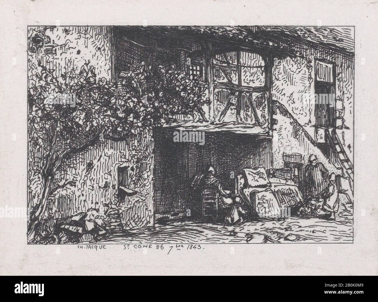 Charles Jacque, Maison de Saint-Cômte et Buveur au Barrel, Charles Jacque (Français, Paris 1813–1894 Paris), 1843, gravure, feuille : 2 15/16 × 3 3/4 in. (7,5 × 9,5 cm), plaque : 2 3/8 × 3 1/4 po. (6 × 8,3 cm), tirages Banque D'Images