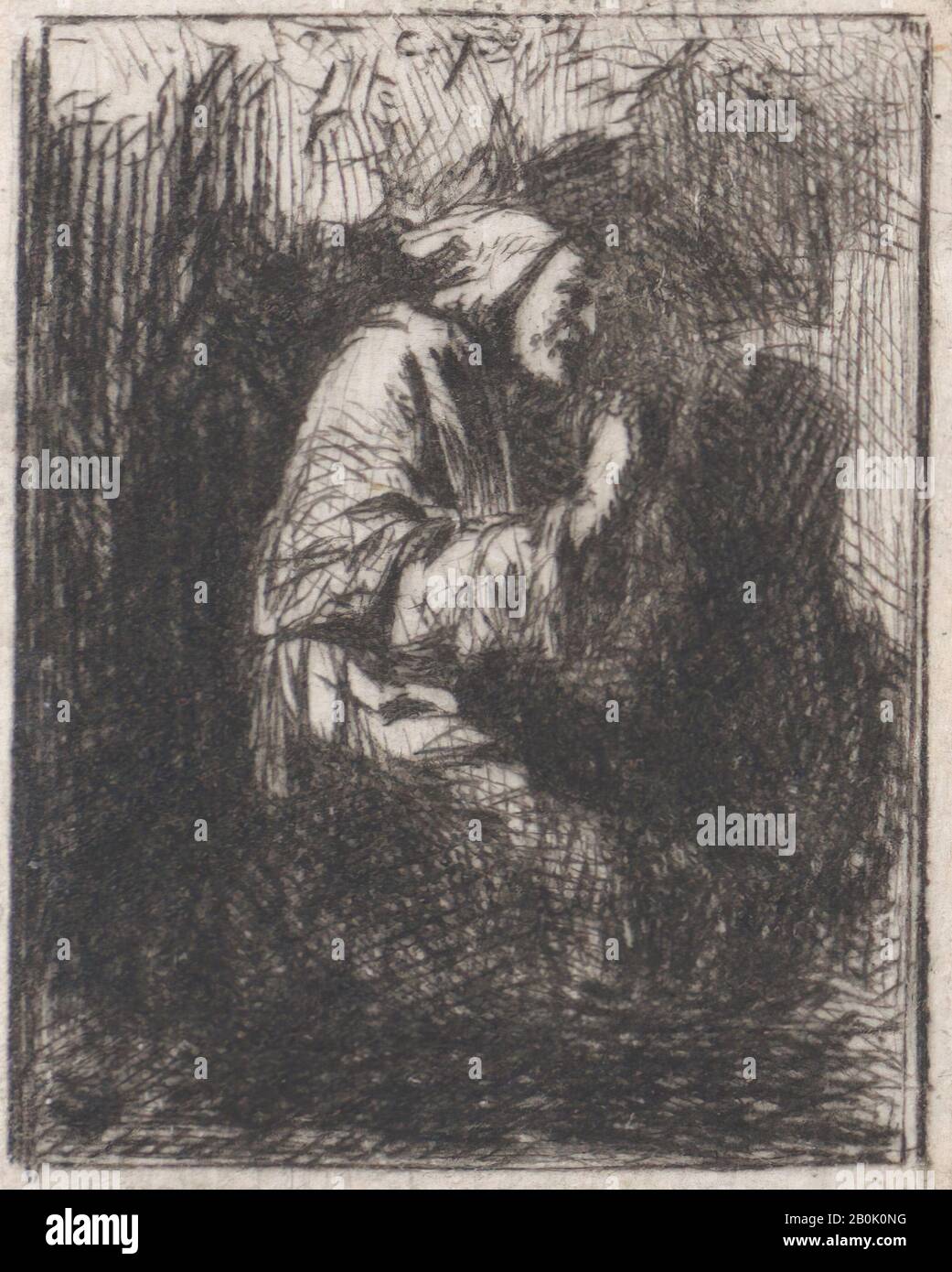 Charles Jacque, Priant Monk, Charles Jacque (Français, Paris 1813-1894 Paris), 1843, Drypoint, Feuille (Taillée): 1 1/16 - 7/8 Po. (2,8 - 2,3 cm), tirages Banque D'Images