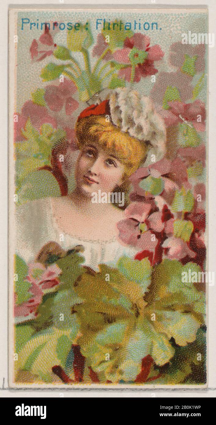 Publié par Duke Cigarette Branch de l'American Tobacco Company, Primrose: Flirtation, de la série Beautés florales et langue des fleurs (N 75) pour les cigarettes de marque Duke, Lithographie par Donaldson Brothers (américain, New York), 1892, lithographie de couleur commerciale, feuille: 2 3/4 × 1 1/2 po. (7 × 3,8 cm Banque D'Images