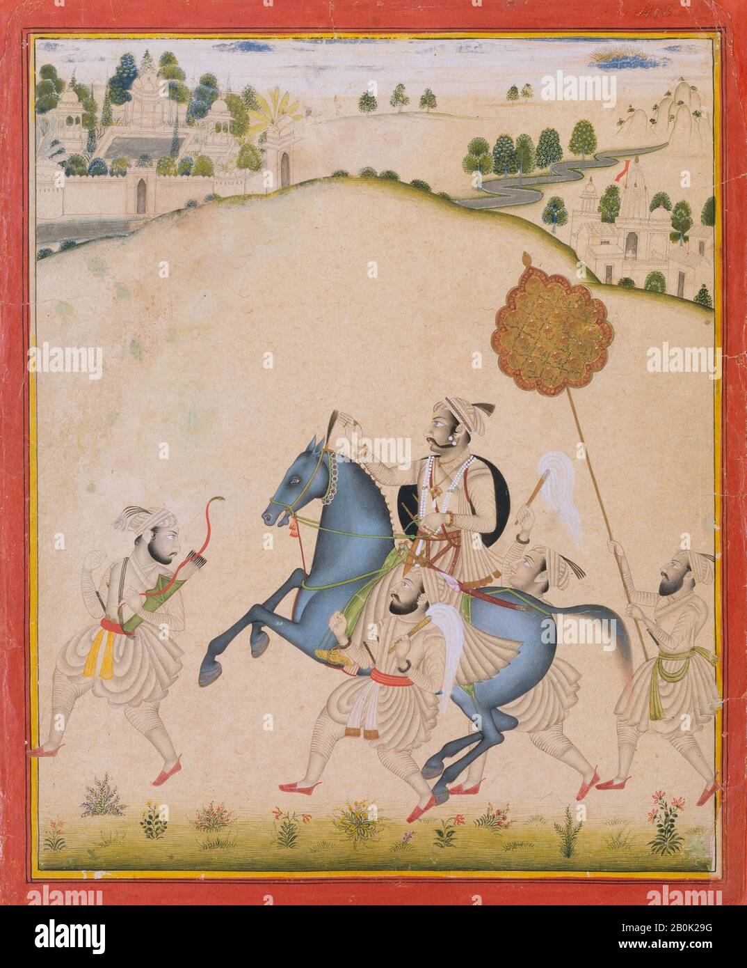 Attribué au maître À Allocation, Maharana Amar Singh II équitation un Jodhpur Horse, Western India, Rajasthan, Udaipur, Attribué au maître À Allocation (indien, actif CA. 1690–1715), env. 1700–1710, Inde occidentale, Rajasthan, Udaipur, aquarelle opaque et encre sur papier, Page: 14 11/16 x 12 1/8 in. (37,3 x 30,8 cm), image : 13 3/16 x 10 3/4 po. (33,5 x 27,3 cm), Peintures Banque D'Images