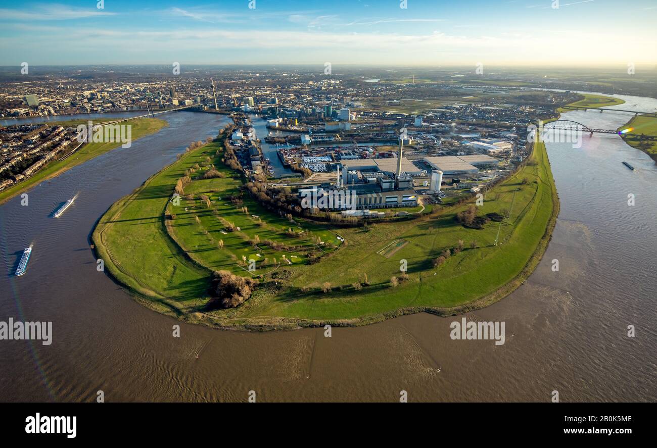 Photographie aérienne, cargos, Rhin, power station Lausward, port des médias, Düsseldorf, Rhénanie, Hesse, Allemagne, Alte Hamme Banque D'Images