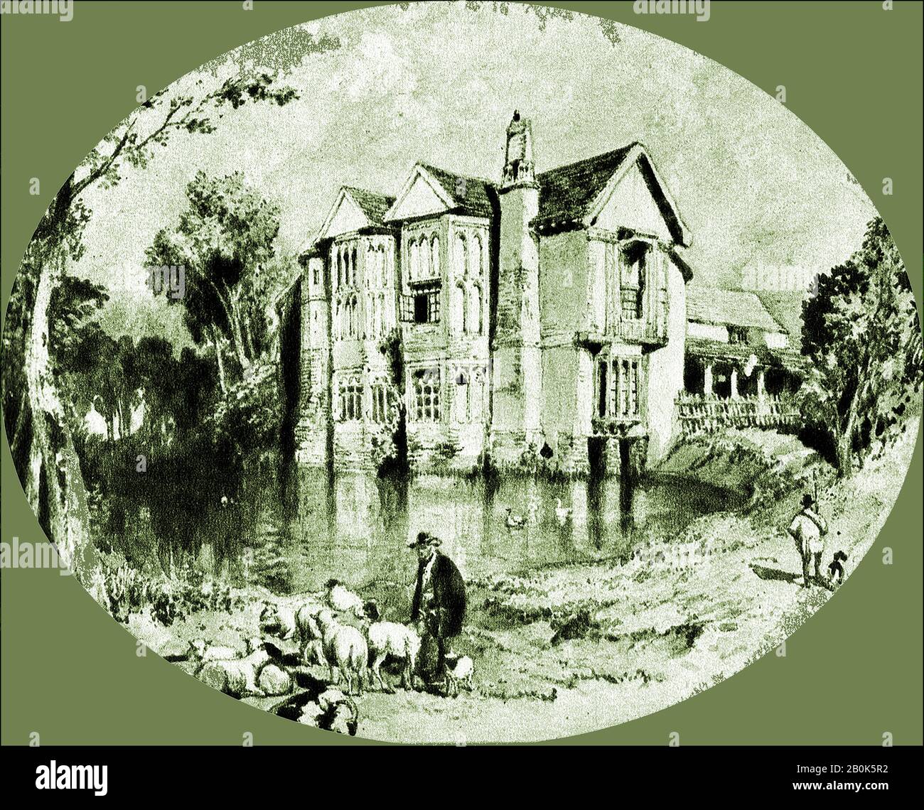 Une très ancienne image de Parham Old Hall, (également connu sous le nom de Moat Hall et à ne pas confondre avec Parham New Hall) , Suffolk, Angleterre avec son étang de canard (vieux fossé) . À en juger par les gravures du début des années 1800, l'image du bâtiment de deux étages semble à ce jour aux années 1700). Son architecture intéressante comprend un toit en bois, un charpente en bois, un rendu et du plâtre, et un grenier. Banque D'Images