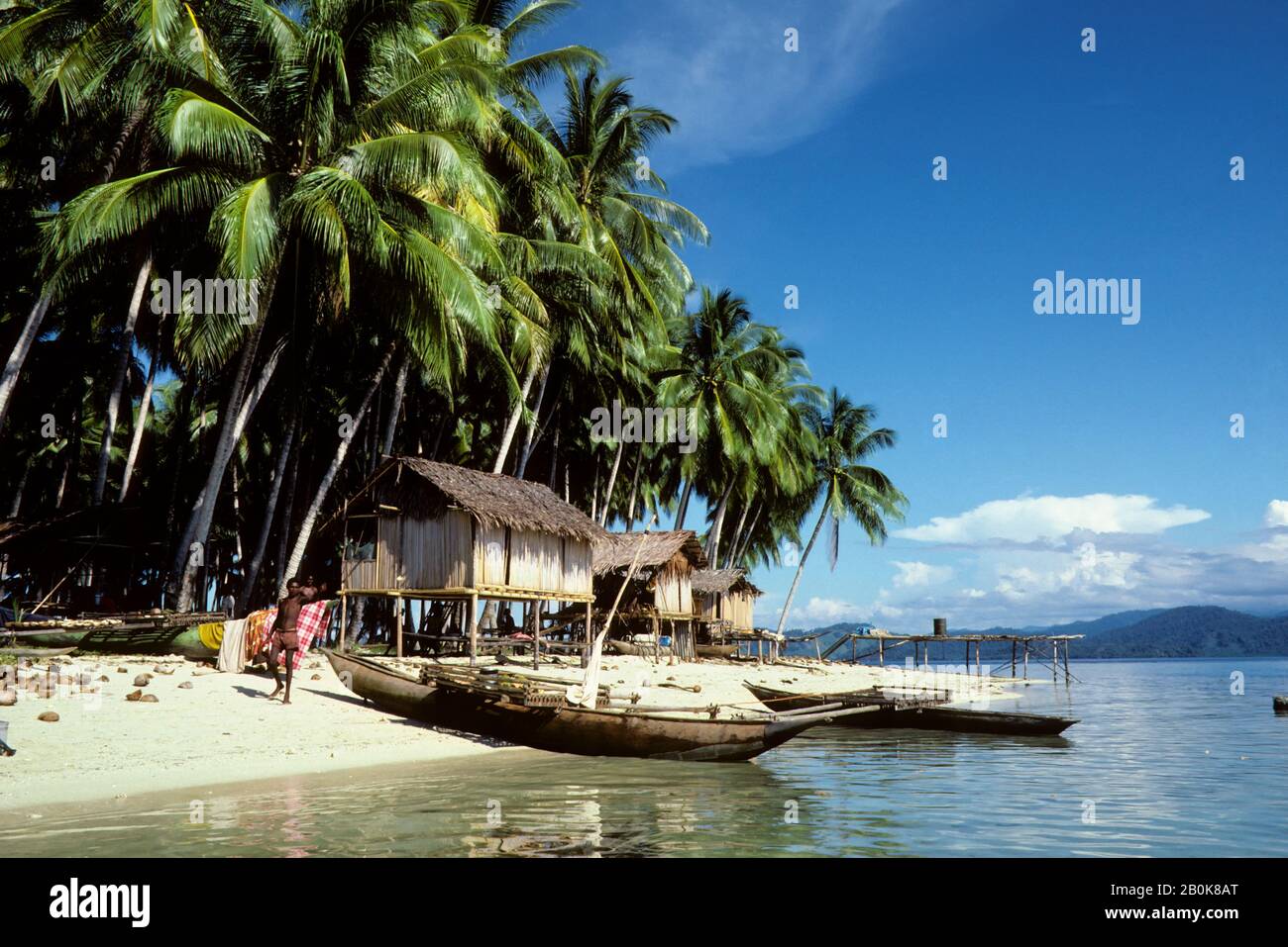 PAPOUASIE-NOUVELLE-GUINÉE, ÎLE HOSKIN, PRÈS DE MOROBE, VILLAGE CÔTIER AVEC PALMIERS ET CANOËS DE NOIX DE COCO Banque D'Images