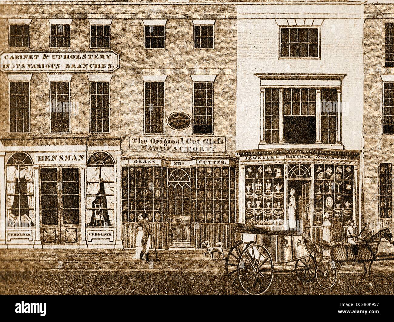 Boutiques du XIXe siècle à Birmingham au Royaume-Uni (À Partir d'une ancienne publicité). La gravure montre "Cabinet et Upholsterers" de Hensman, les premiers fabricants de verre taillé de Birmingham et la bijouterie de Bancock (avec un cheval et une voiture à l'extérieur). Banque D'Images