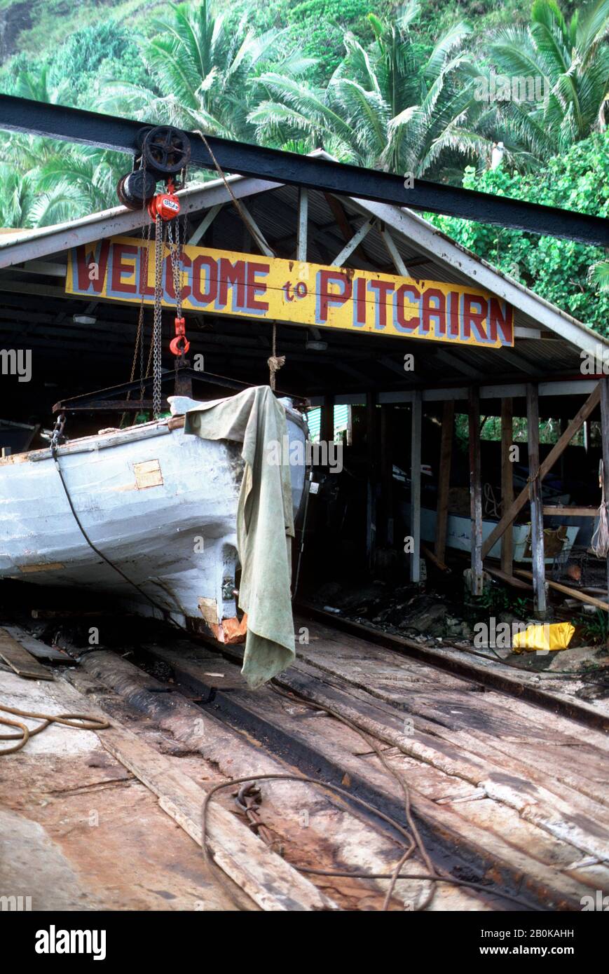 ÎLE DE PITCAIRN, MAISONS DE BATEAUX DE LA BAIE DE BOUNTY Banque D'Images