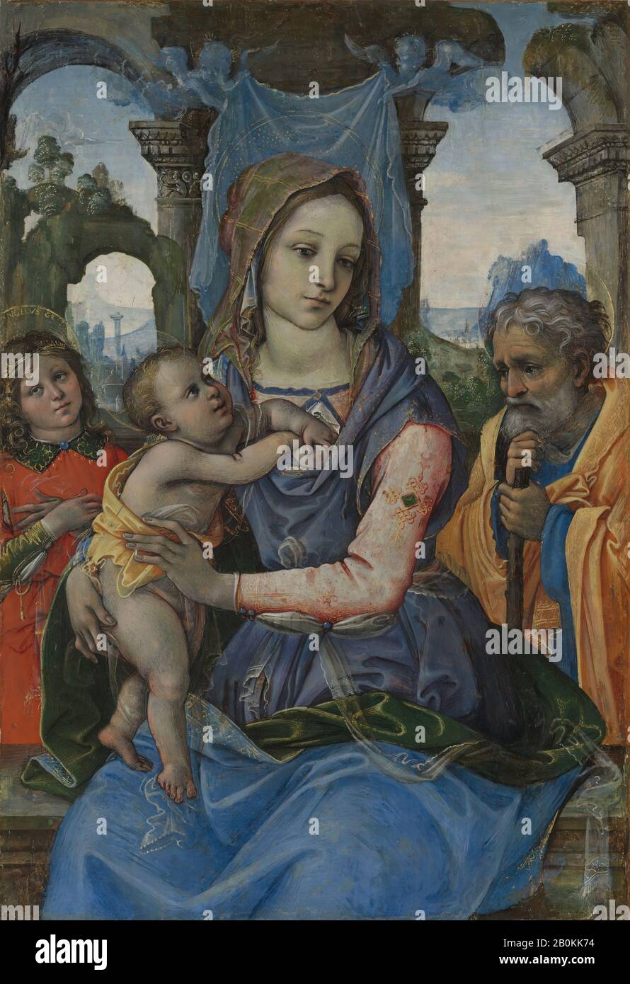 Raffaellino del Garbo (aussi connu sous le nom de Raffaelle de' Capponi et Raffaelle de' Carli), Madonna et enfant avec Saint Joseph et an Angel, Raffaellino del Garbo (également connu sous le nom de Raffaelle de' Capponi et Raffaelle de' Carli) (Italien, Florence 1466?–1524 Florence), Tempera sur toile, transféré de bois x 15. (55,9 x 38,1 cm), Peintures Banque D'Images