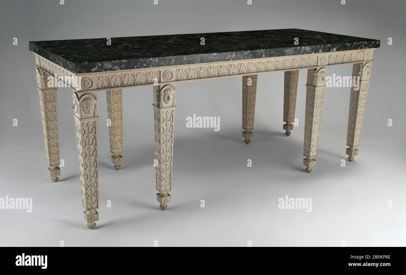 Robert Adam, table Latérale, britannique, Sefferin Alken (actif 1744, mort CA. 1783), 1765, pin britannique, Sculpté et peint, feuilles de marbre sur un noyau de ciment, Dans L'Ensemble (cadre de table): 33 1/2 × 83 7/16 × 33 3/8 in. (85,1 × 211,9 × 84,8 cm), Hors Tout (dessus en marbre) : 2 × 84 × 34 po. (5,1 × 213,4 × 86,4 cm), Meubles de bois Banque D'Images