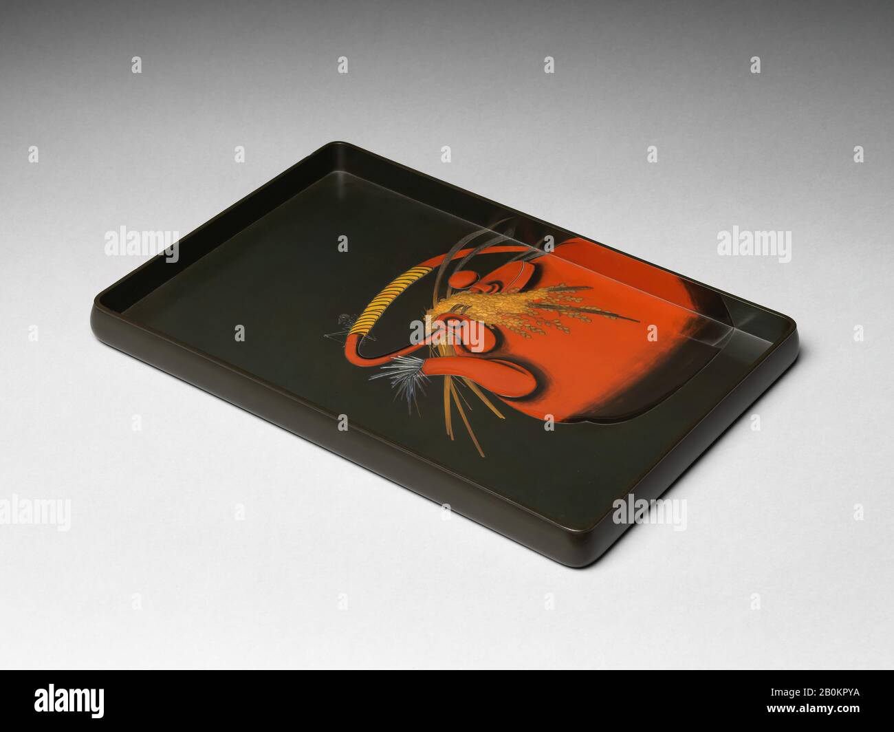 Shibata Zeshin, plateau avec tiges de riz et sauterelle sur une bouilloire à thé, Japon, période Meiji (1868–1912), Shibata Zeshin (japonais, 1807–1891), 1880, Japon, Bois Laqué; or, argent, rouge, jaune, hiramaki-e noir et takamaki-e sur bronze imitation (terre-nuri-14). (37,5 cm), Lacquer Banque D'Images