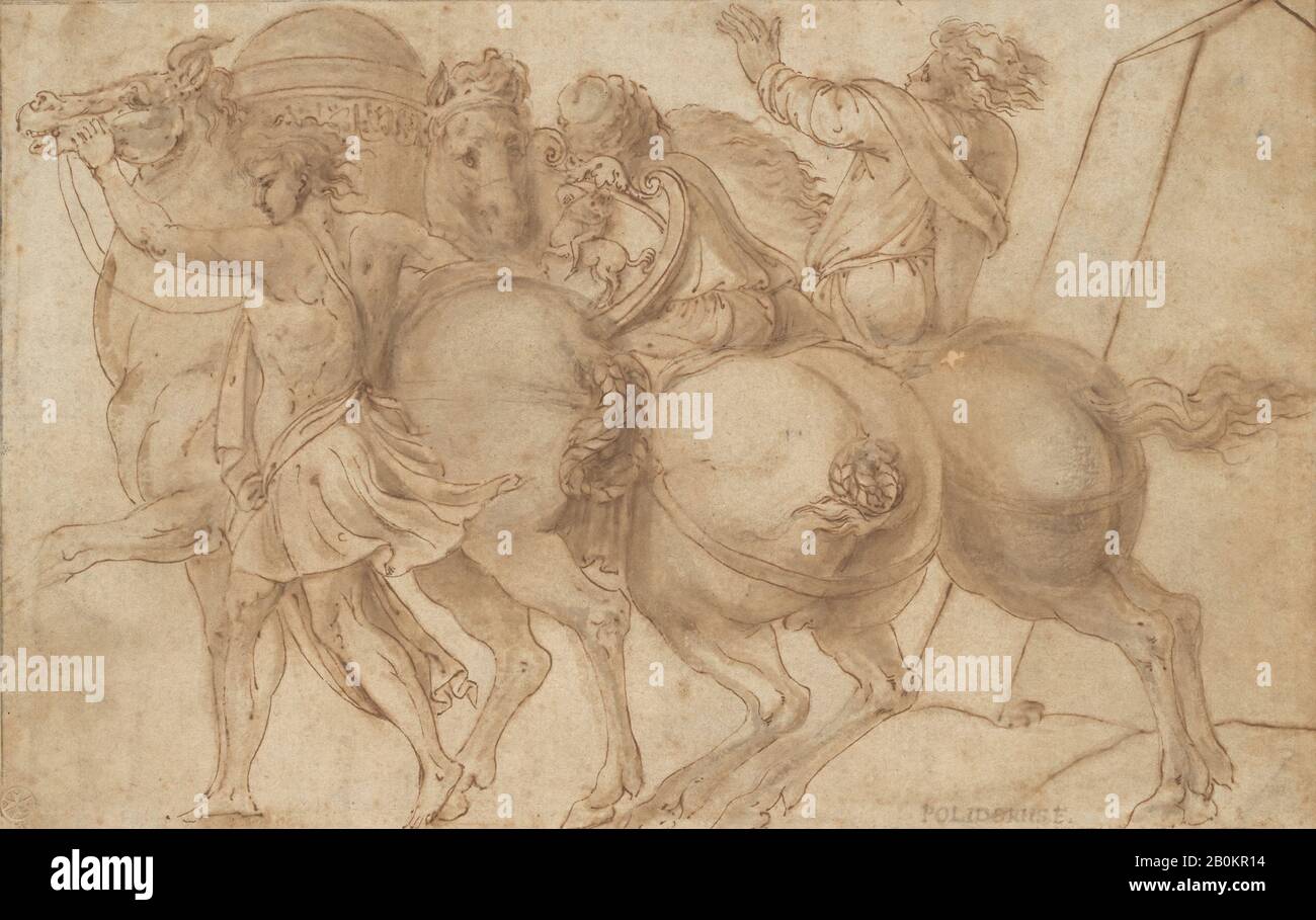 Après Polidoro da Caravaggio, Frieze avec Trois chevaux, Après Polidoro da Caravaggio (italien, Caravaggio Ca. 1499–ca. 1543 Messina), 1530 s, encre plume et marron, brosse et lavage brun et gris., 6 7/8 x 10 11/16 po. (17,4 x 27,1 cm), mises en plan Banque D'Images