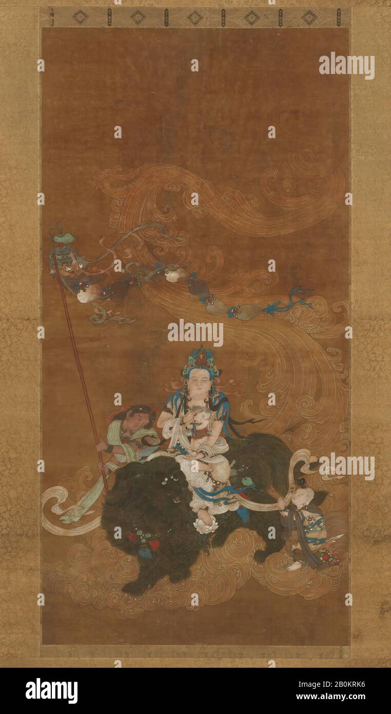 Artiste non identifié, Guanyin The Bringer of Sons, Chine, dynastie Ming (1368–1644), artiste non identifié, fin du XVIe siècle, fin du XVIe siècle, Chine, rouleau suspendu; encre, couleur et or sur la soie, image : 47 1/2 x 23 3/4 in. (120,7 x 60,3 cm), Hors Tout avec montage : 85 3/4 x 30 1/2 in. (217,8 x 77,5 cm), Hors Tout avec boutons : 85 3/4 x 33 1/4 po. (217,8 x 84,5 cm), Peintures Banque D'Images