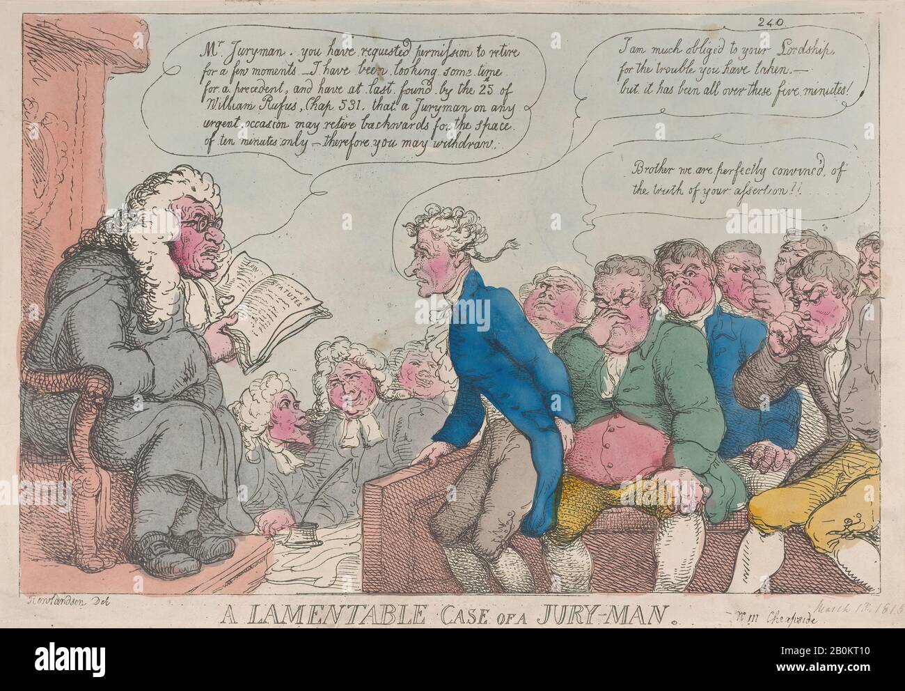 Thomas Rowlandson, cas Lamentable d'un jury-Man, Thomas Rowlandson (British, Londres 1757–1827 Londres), 10 mars 1815, gravure de couleur Manuelle, feuille : 9 1/2 × 13 3/4 in. (24,1 × 34,9 cm), tirages Banque D'Images