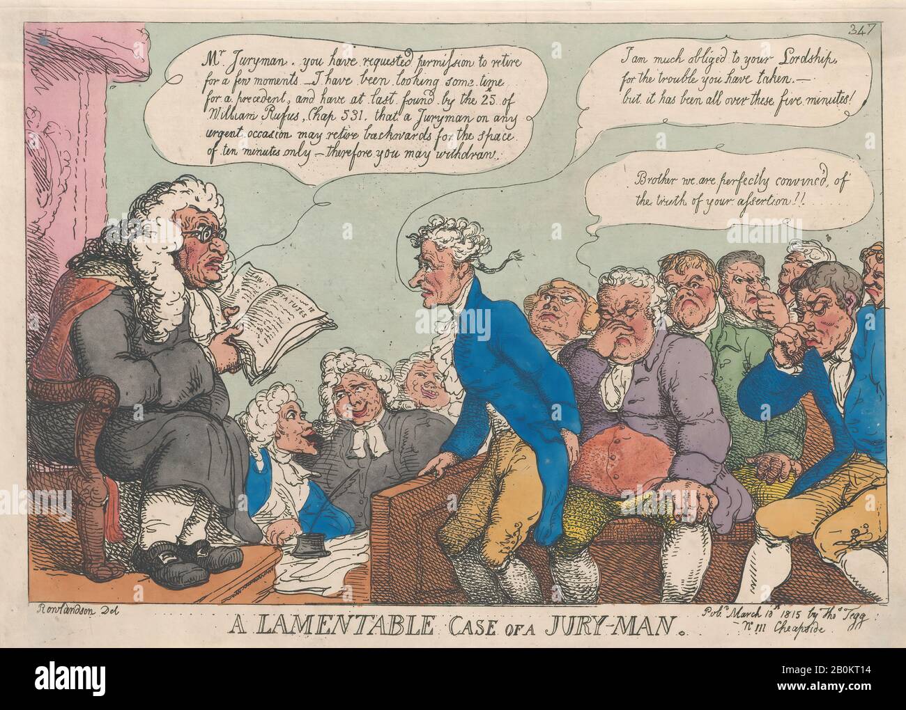 Thomas Rowlandson, cas Lamentable d'un jury-Man, Thomas Rowlandson (British, Londres 1757–1827 Londres), 10 mars 1815, gravure de couleur Manuelle, feuille : 9 3/4 × 13 3/4 in. (24,8 × 34,9 cm), tirages Banque D'Images
