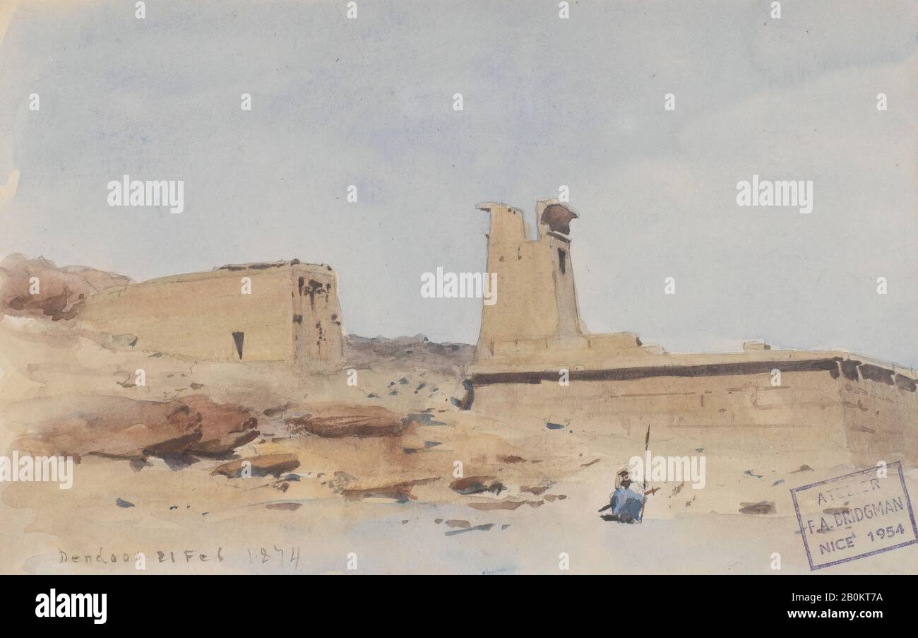 Frederick Arthur Bridgman, le Temple de Dendur, Montrant le pylon et la terrasse, américain, Frederick Arthur Bridgman (1847–1928), 1874, américain, aquarelle et gouache sur papier blanc cassé, 4 7/8 x 7 5/8 in. (12,4 x 19,4 cm), mises en plan Banque D'Images