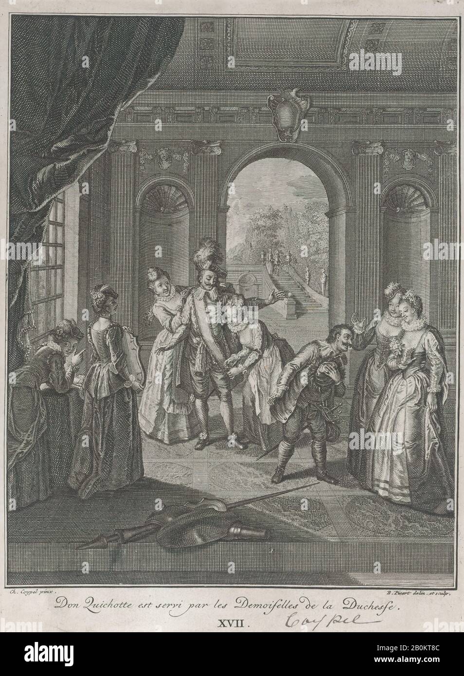 Bernard Picart, plaque 17 : Don Quichote est servi par les dames de la duchesse (Don Quichotte est servi par les Demoiselles de la Duchesse), Don Quichote, Bernard Picart (français, Paris 1673–1733 Amsterdam), Après Charles Antoine Coypel (français, Paris 1694–1752 Paris), 1745, gravure et gravure : 8 9/16 × 6 5/16 po. (21,8 × 16,1 cm), tirages Banque D'Images