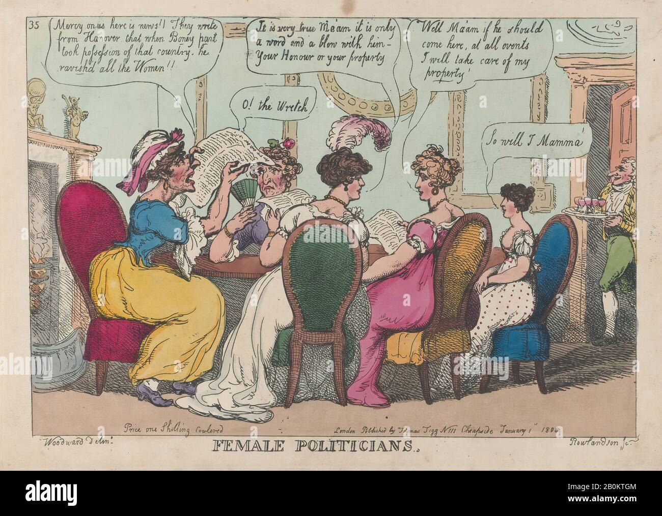 Thomas Rowlandson, Hommes Politiques Féminins, Thomas Rowlandson (Britannique, Londres 1757–1827 Londres), Après George Moutard Woodward (Britannique, Ca. 1760–1809 Londres), 1er janvier 1808, gravure de couleur Manuelle, plaque : 9 5/8 × 13 11/16 in. (24,4 × 34,7 cm), feuille : 9 13/16 × 13 7/8 po. (24,9 × 35,3 cm), tirages Banque D'Images