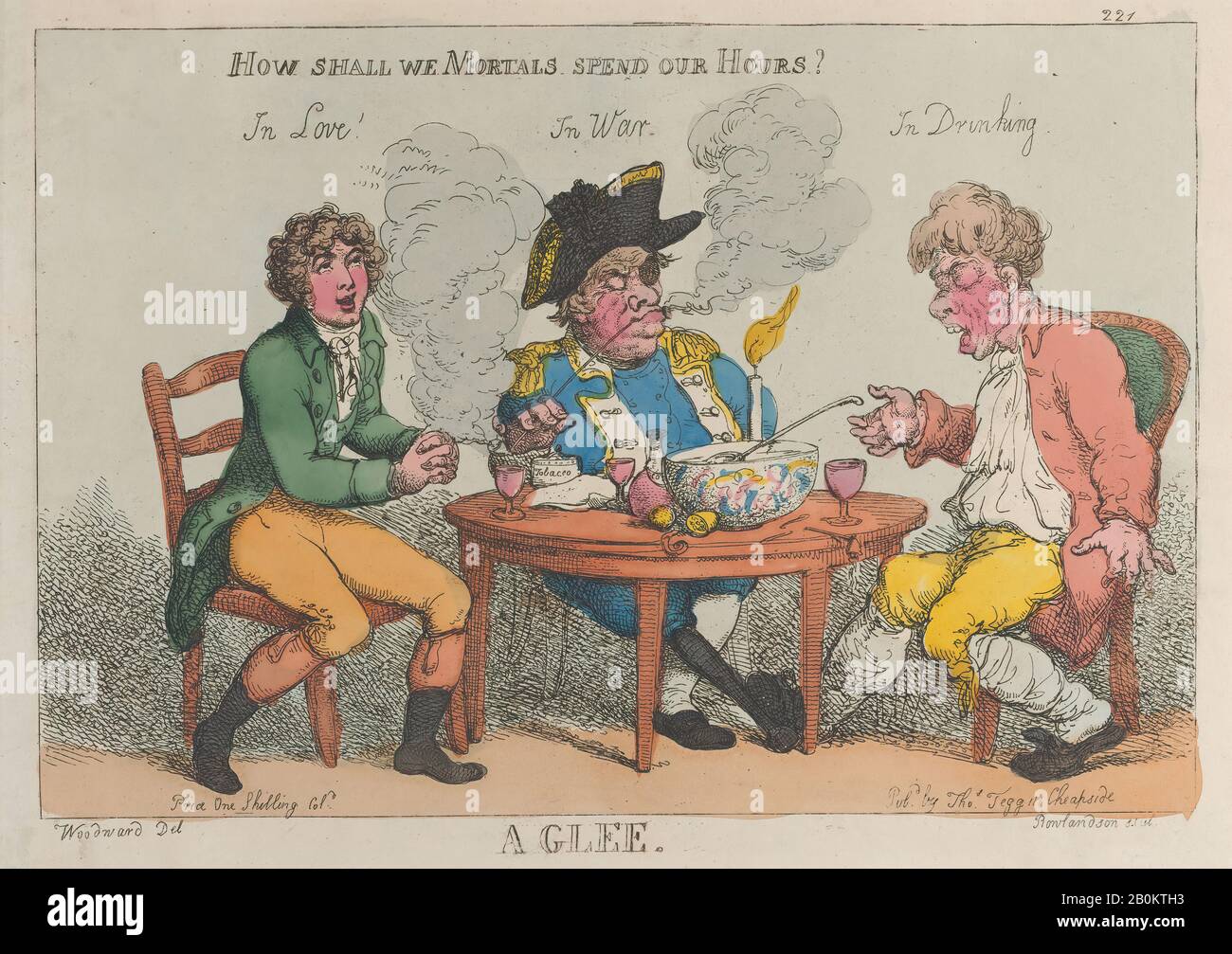 Thomas Rowlandson, A Glee, Thomas Rowlandson (Britannique, Londres 1757–1827 Londres), Après George Moutard Woodward (Britannique, Ca. 1760–1809 London), 1er mars 1808, gravure de couleur Manuelle, feuille : 9 5/8 × 13 9/16 in. (24,5 × 34,4 cm), tirages Banque D'Images