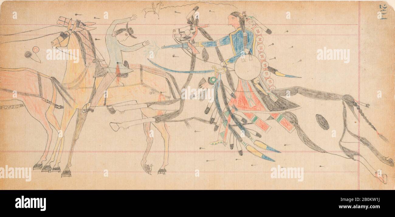 Indien Tuant White Man (Vincent Price Ledger), Arahapo, Ca. 1880, États-Unis, Arahapo, crayon, crayon de couleur sur papier, H. 5 3/8 x 11 7/8 in., dessins papier Banque D'Images