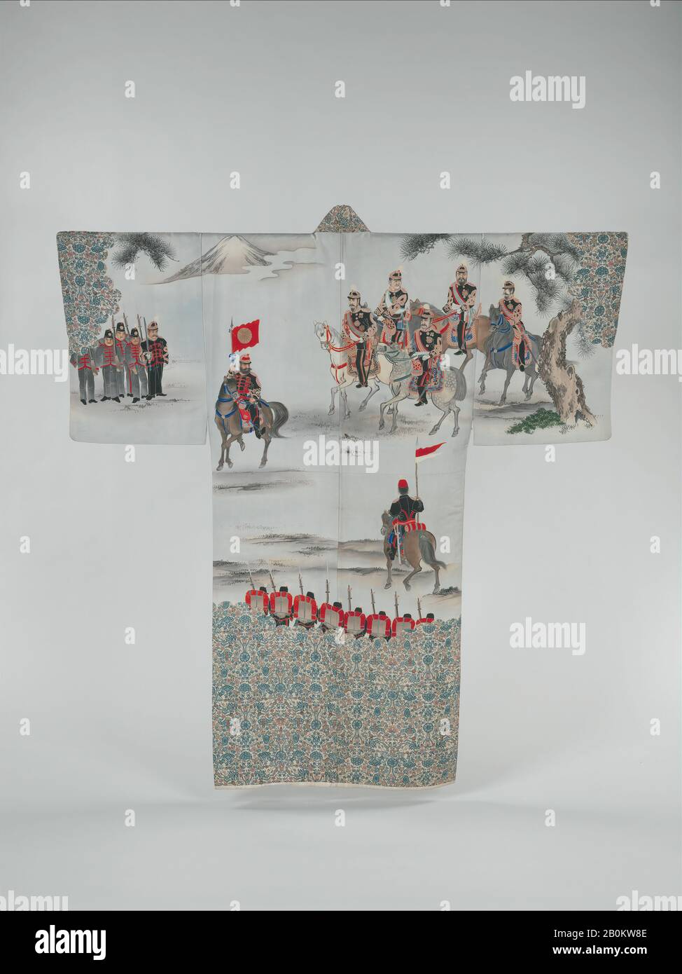 Sous-kimono (Nagajuban) avec scène de la guerre russo-japonaise avec le général Nogi, Japon, période Meiji (1868–1912), début du XXe siècle, Japon, soie unie Peinte à la main Et Résistante aux traces de feuilles d'or, Dans L'Ensemble : 50 1/2 x 51 po. (128,3 x 129,5 cm), costumes Banque D'Images