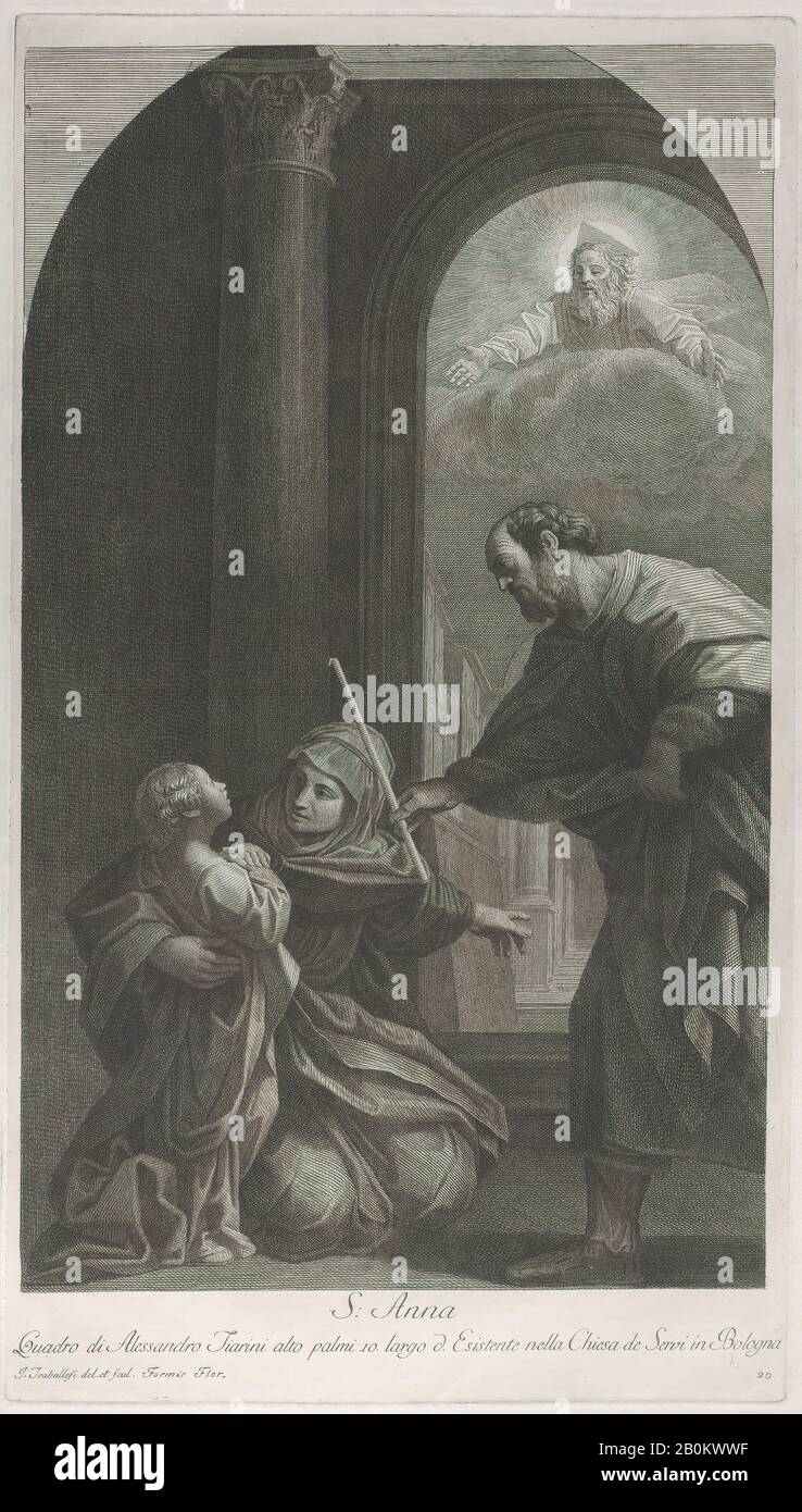 Giuliano Traballesi, Sainte Anne à genoux tenant la Vierge, avec Saint Joachim tenant son personnel à droite, Giuliano Traballesi (italien, Florence 1727–1812 Milan), Après Alessandro Tiarini (italien, Bologne 1577–1668 Bologne), 1760–1800, gravure et gravure, plaque: 18 1/4 × 10 5/16 po. (46,3 × 26,2 cm), feuille : 21 7/8 × 15 3/4 po. (55,6 × 40 cm), tirages Banque D'Images
