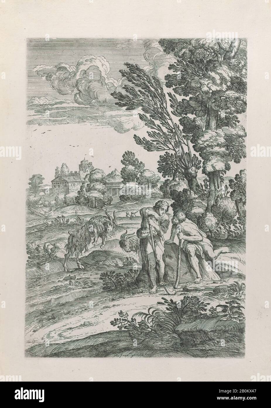 Giovanni Francesco Grimaldi, Paysage Avec Deux Goatherds, Giovanni Francesco Grimaldi (Italien, Bologne 1606–1680 Rome), 1626–80, Etching, Plaque: 12 5/16 × 8 9/16 In. (31,3 × 21,8 cm), feuille : 15 7/8 × 10 3/4 po. (40,3 × 27,3 cm), tirages Banque D'Images