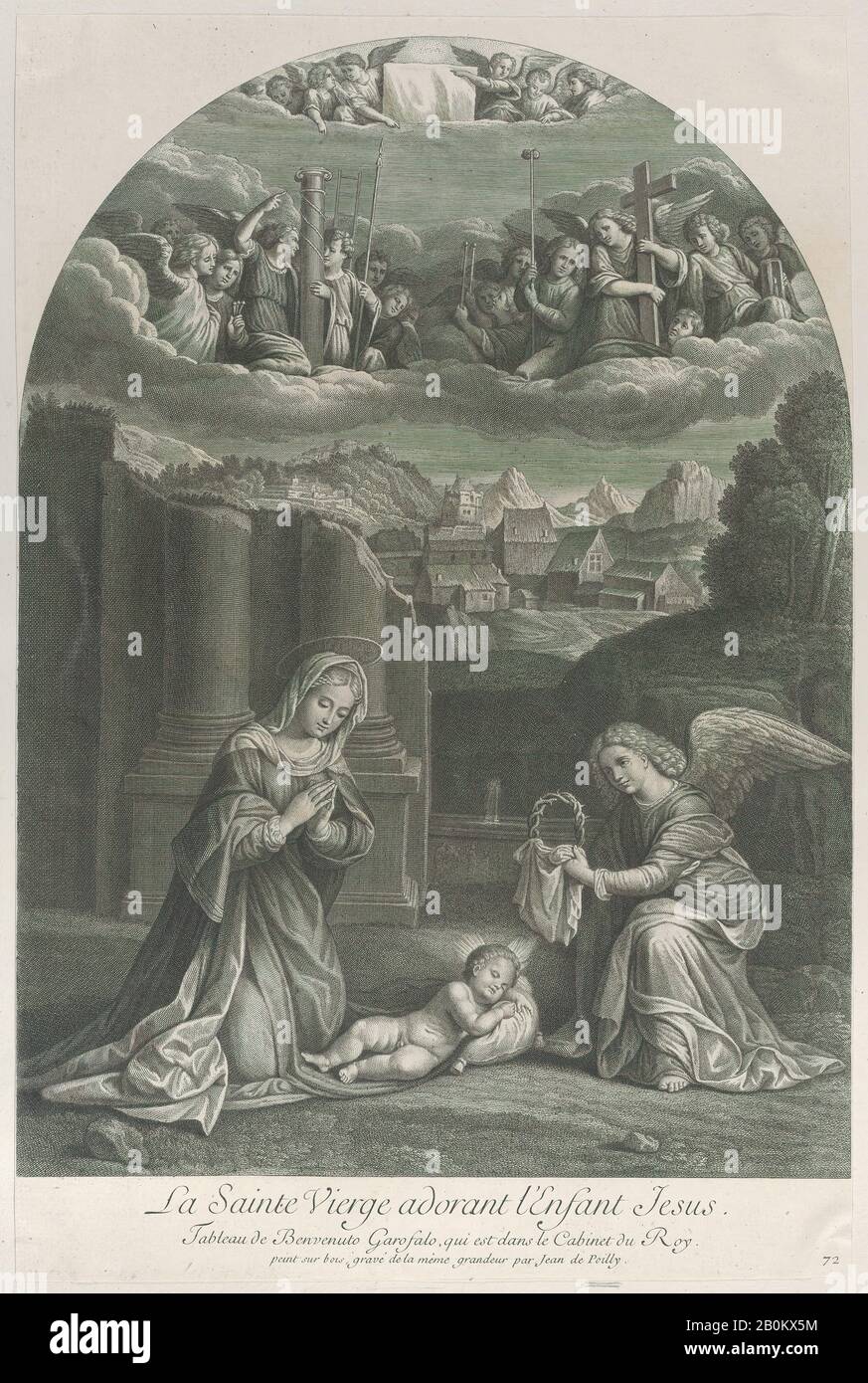 Frédéric Horthemels, la Vierge Marie adorant l'enfant du Christ, un ange tenant une couronne d'épines à droite, Frédéric Horthemels (français, 1680/88–1738), Après Garofalo (Benvenuto Tisi da Garofalo) (italien, Ferrara 1481–1559 Ferrara), CA. 1729, gravure et gravure, feuille (Taillée): 18 7/8 × 12 1/2 po. (47,9 × 31,8 cm), tirages Banque D'Images