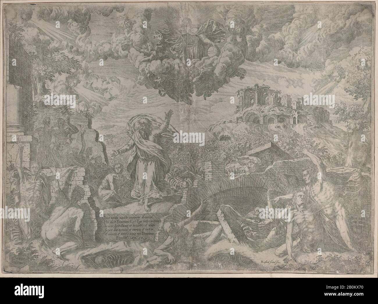 Giovanni Battista Fontana, la vision d'Ezéchiel, avec les morts montant et mettant sur leur chair, Dieu le Père au-dessus dans le ciel, Giovanni Battista Fontana (italien, CA. 1524–1587), 1579, Gravure, Feuille (Taillée) : 15 1/16 × 20 11/16 Po. (38,3 × 52,5 cm), tirages Banque D'Images